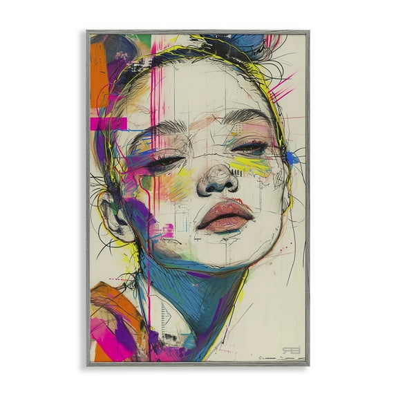 Stupell Industries Bright Sketch Visage Novelty Painting Gray Framed Art Print Wall Art, 12 x 18