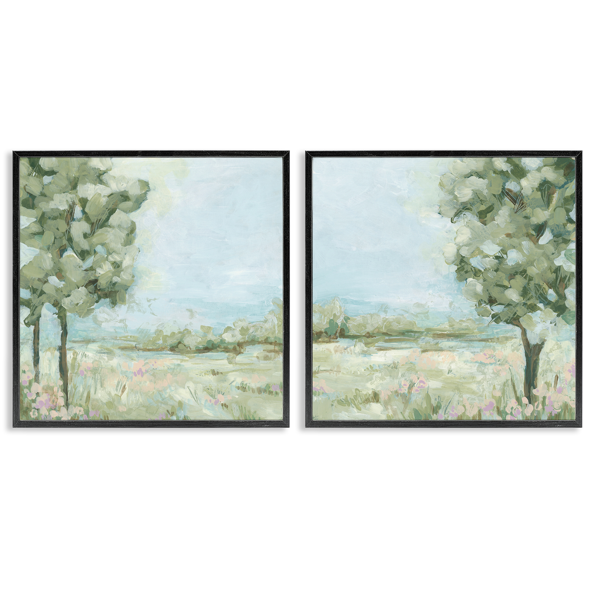 Stupell Industries Bright Spring Field Landscape Landscape & Nature Painting Black Framed Art Print Wall Art, 24 x 24, Set of 2
