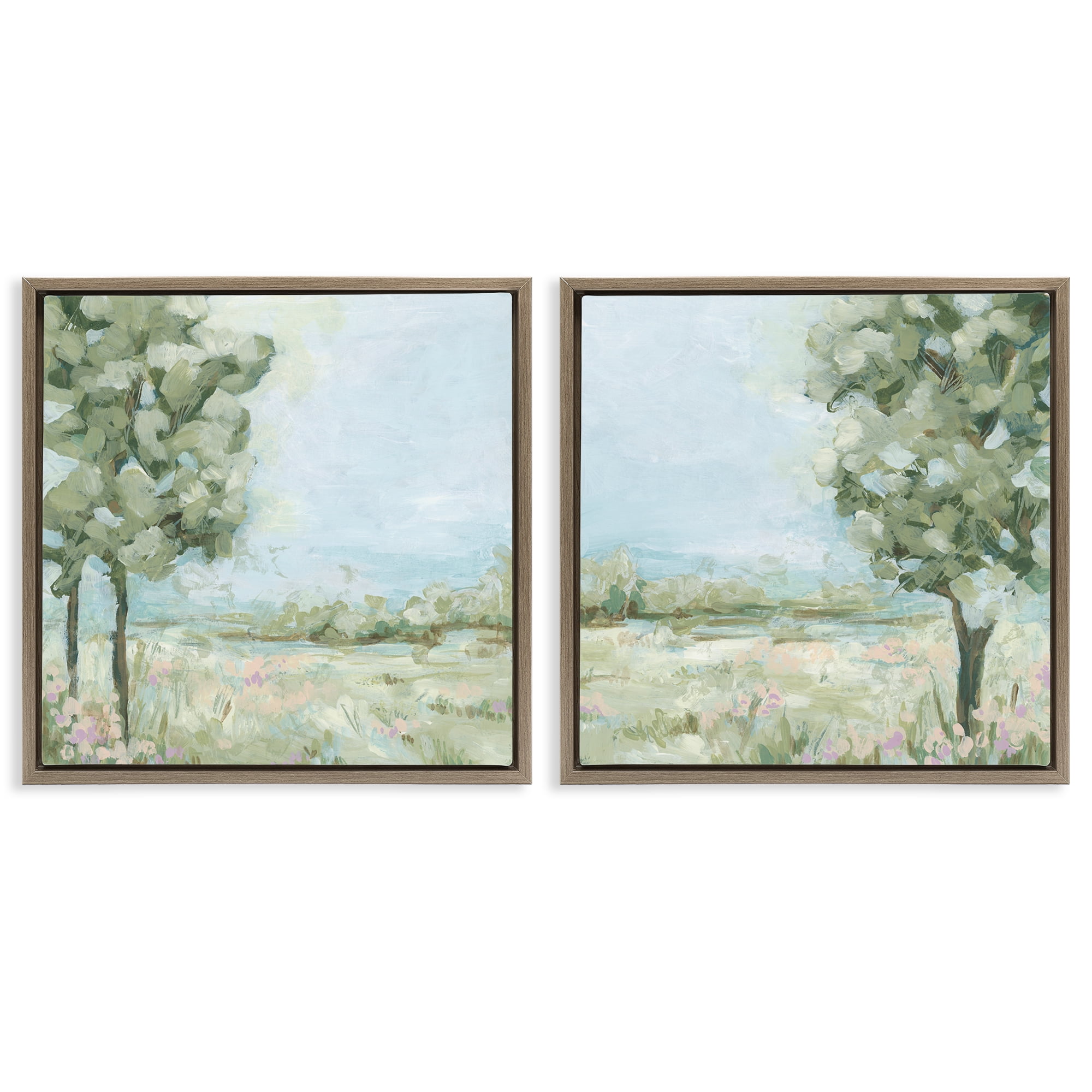 Stupell Industries Bright Spring Field Landscape Landscape & Nature Painting Brown Floater Framed Canvas Art Print Wall Art, 18 x 18, Set of 2
