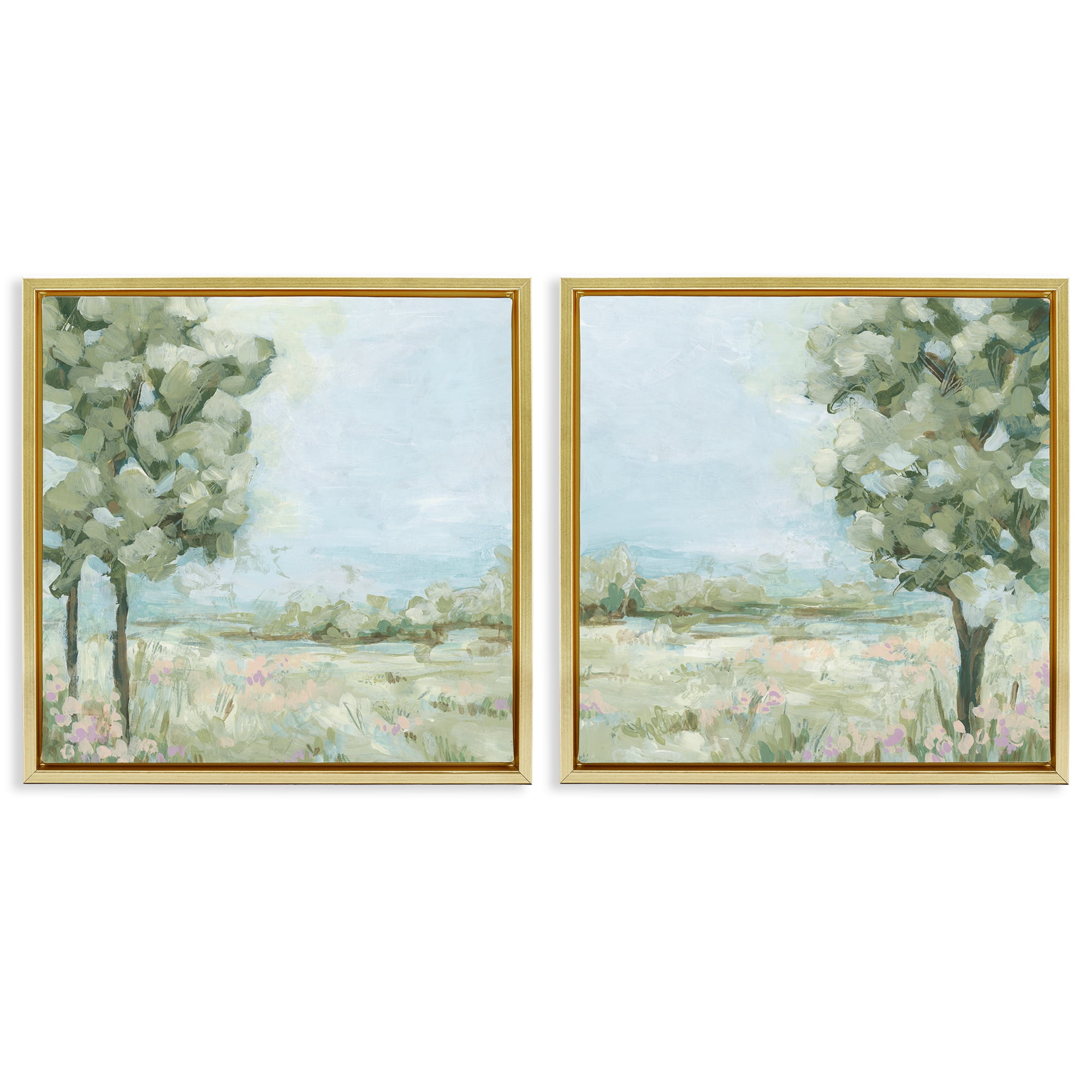 Stupell Industries Bright Spring Field Landscape Landscape & Nature Painting Gold Floater Framed Canvas Art Print Wall Art, 18 x 18, Set of 2