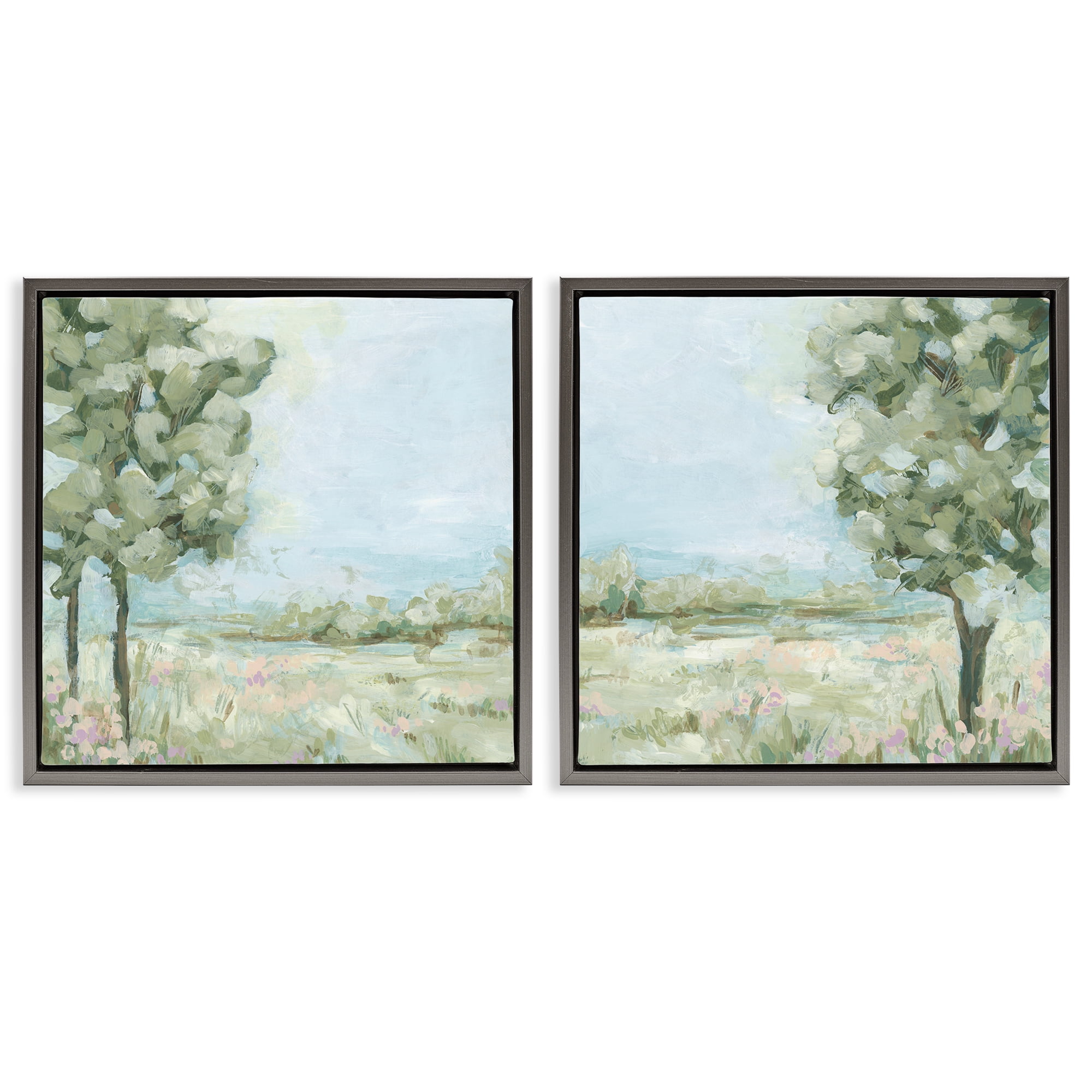 Stupell Industries Bright Spring Field Landscape Landscape & Nature Painting Gray Floater Framed Canvas Art Print Wall Art, 25 x 25, Set of 2