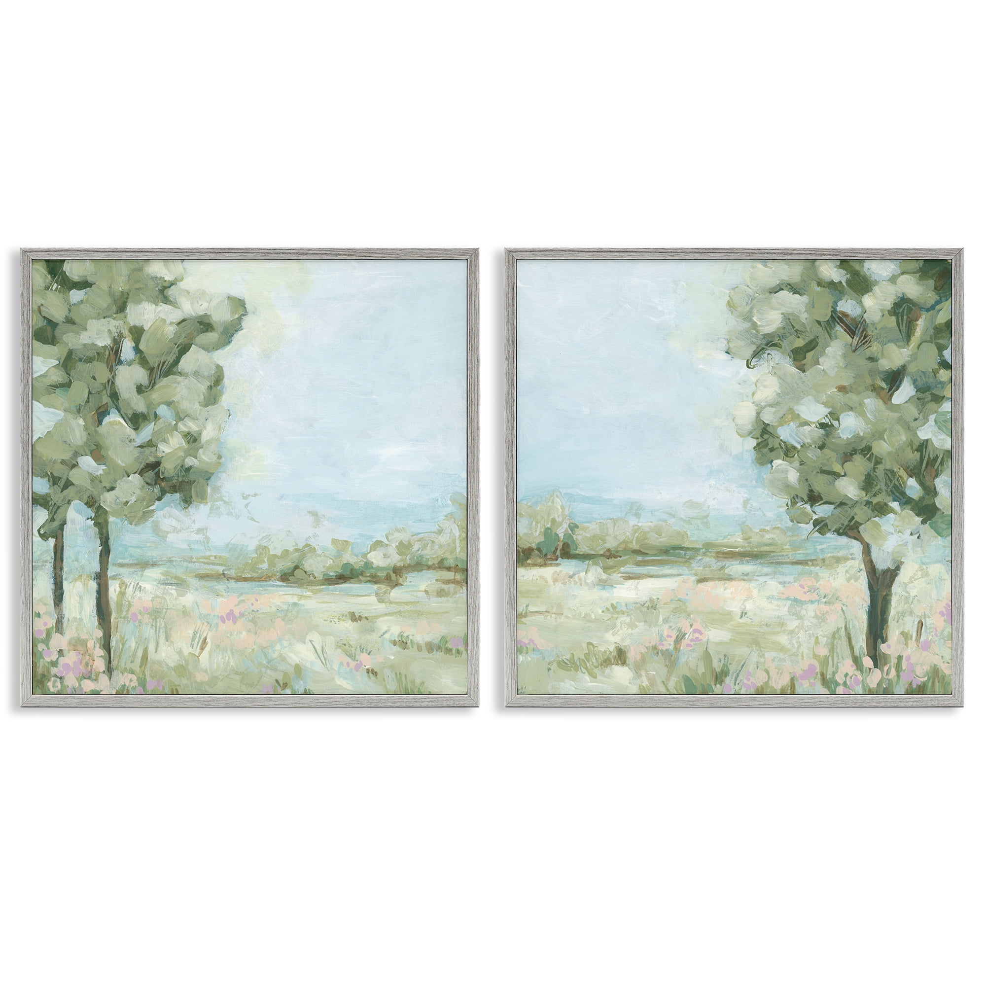 Stupell Industries Bright Spring Field Landscape Landscape & Nature Painting Gray Framed Art Print Wall Art, 12 x 12, Set of 2