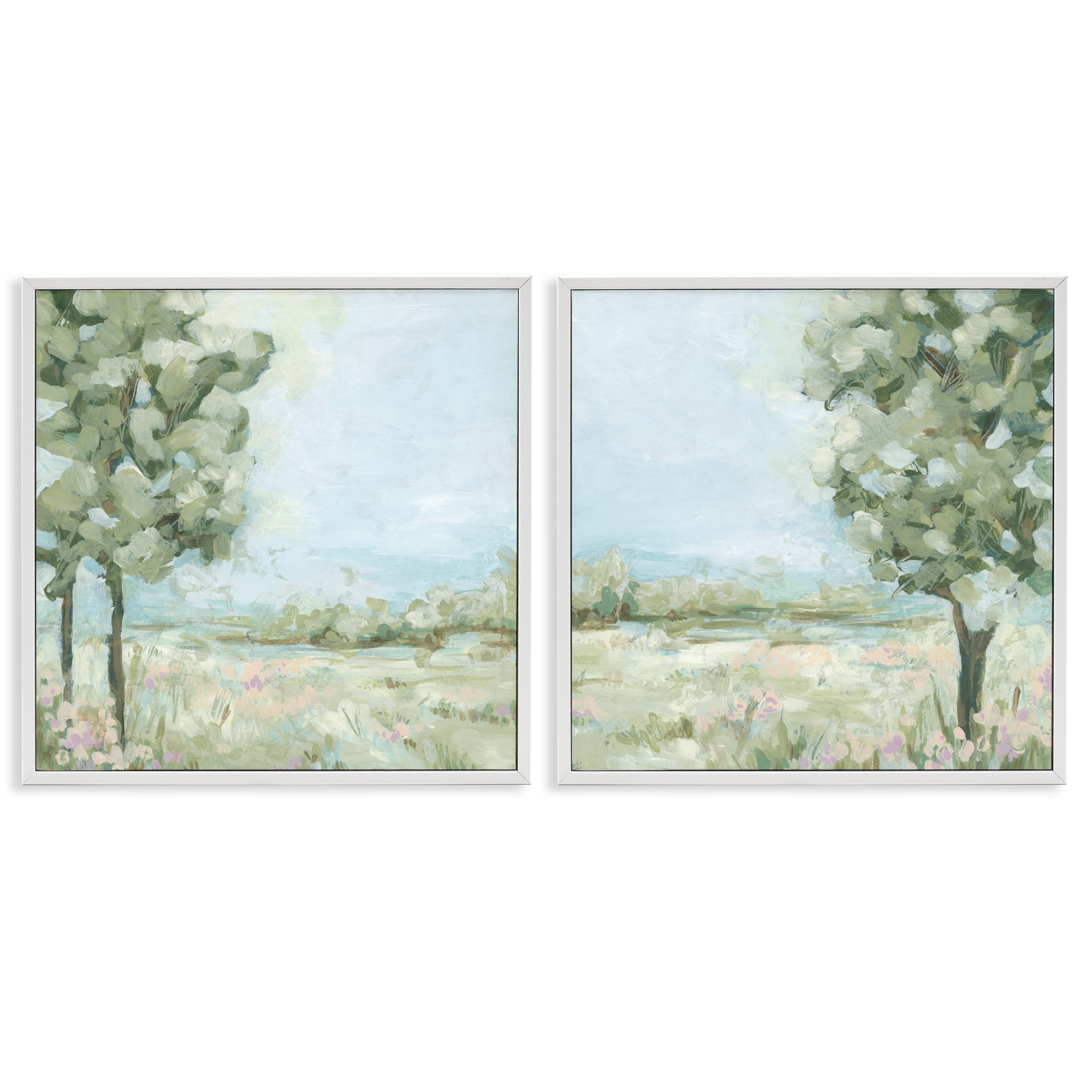 Stupell Industries Bright Spring Field Landscape Landscape & Nature Painting White Framed Art Print Wall Art, 24 x 24, Set of 2