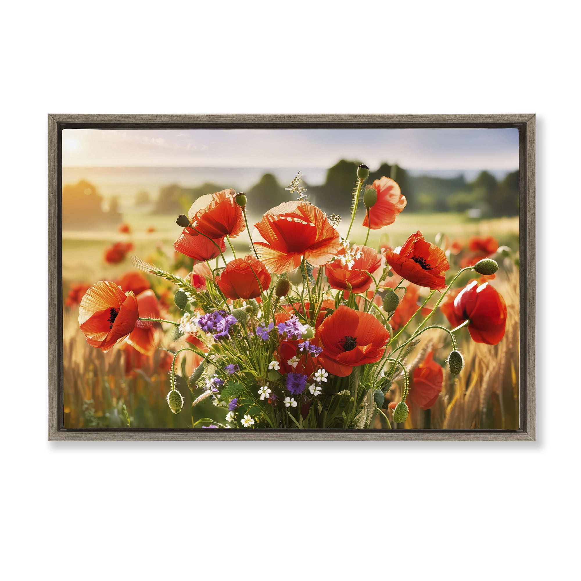 Stupell Industries Bright Sunlit Spring Meadow Plants & Flowers Painting Brown Floater Framed Canvas Art Print Wall Art, 25 x 17