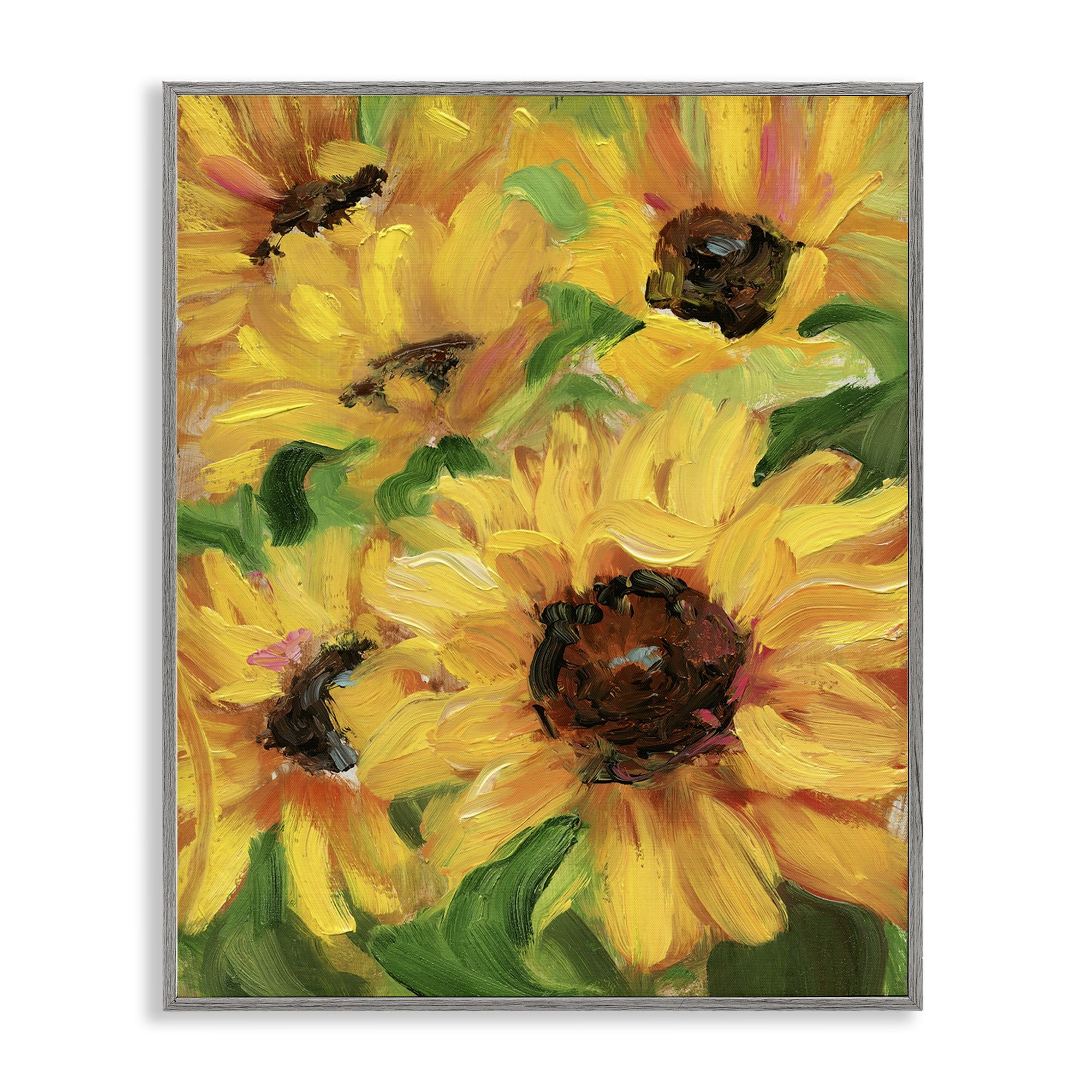 Stupell Industries Bright Sunny Sunflowers Botanical & Floral Painting Gray Framed Art Print Wall Art, 16 x 20