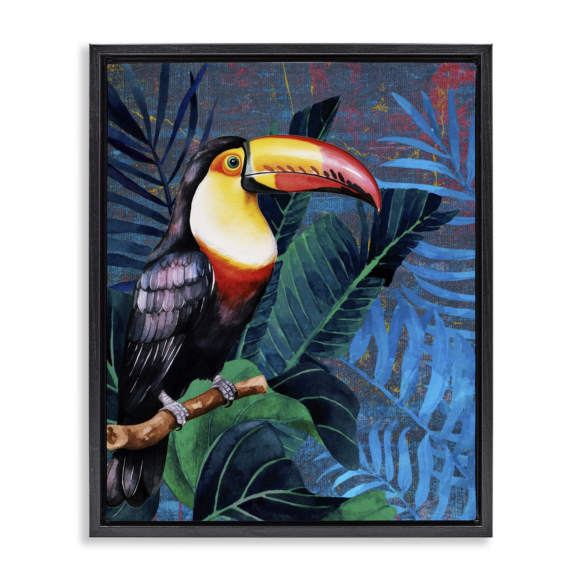 Stupell Industries Bright Toucan Among Leaves Animals Painting Black Floater Framed Canvas Art Print Wall Art, 17 x 21