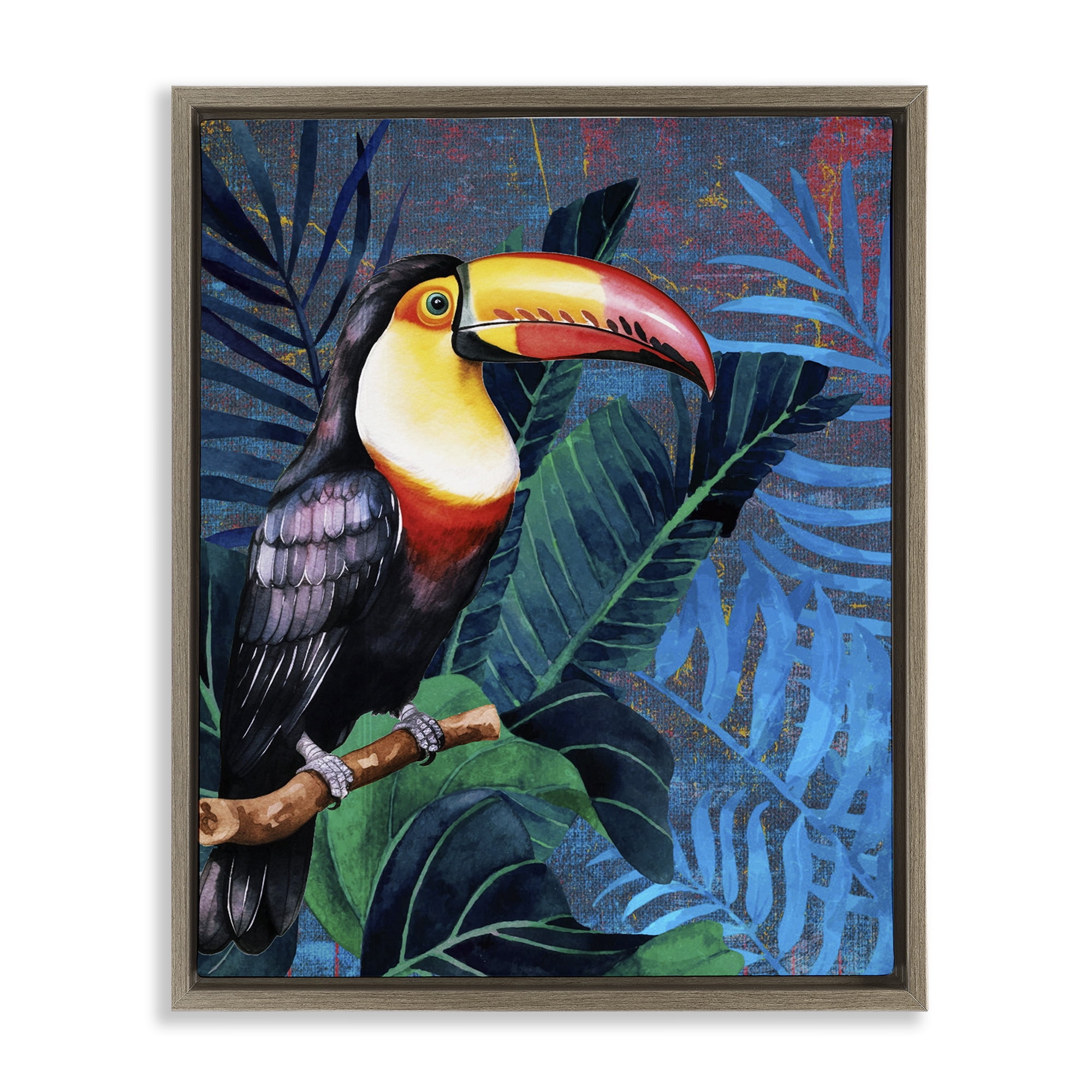Stupell Industries Bright Toucan Among Leaves Animals Painting Brown Floater Framed Canvas Art Print Wall Art, 17 x 21