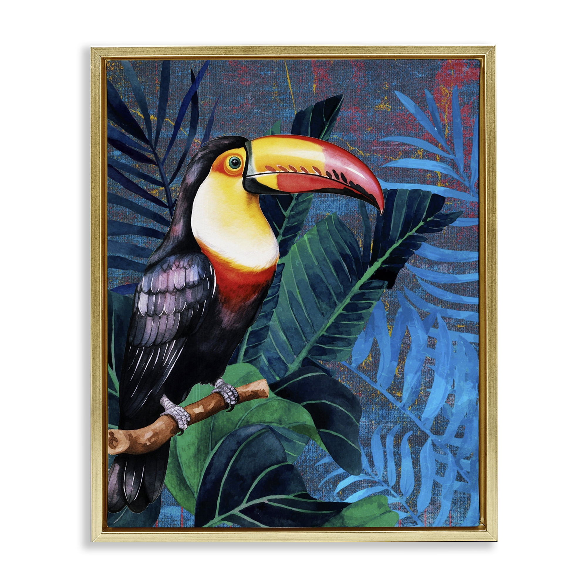 Stupell Industries Bright Toucan Among Leaves Animals Painting Gold Floater Framed Canvas Art Print Wall Art, 17 x 21