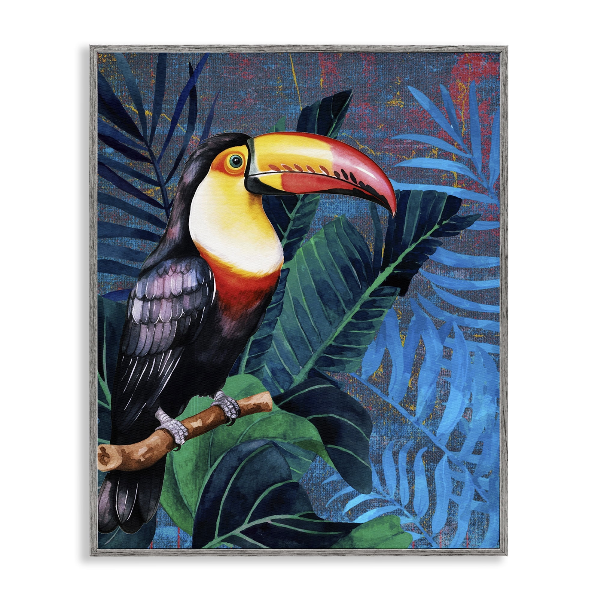 Stupell Industries Bright Toucan Among Leaves Animals Painting Gray Framed Art Print Wall Art, 11 x 14
