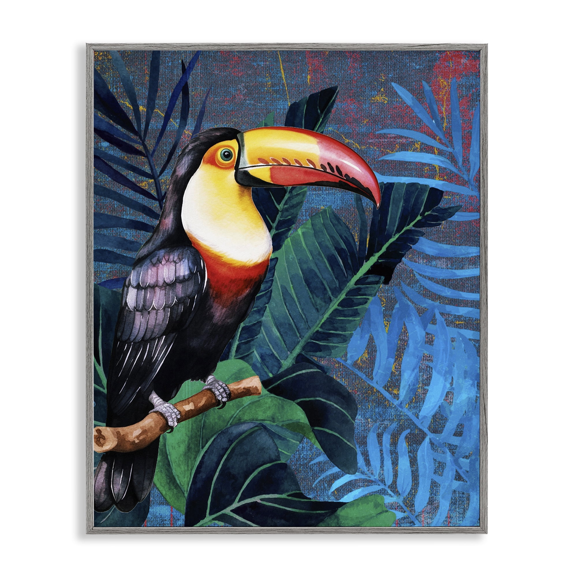 Stupell Industries Bright Toucan Among Leaves Animals Painting Gray Framed Art Print Wall Art, 24 x 30
