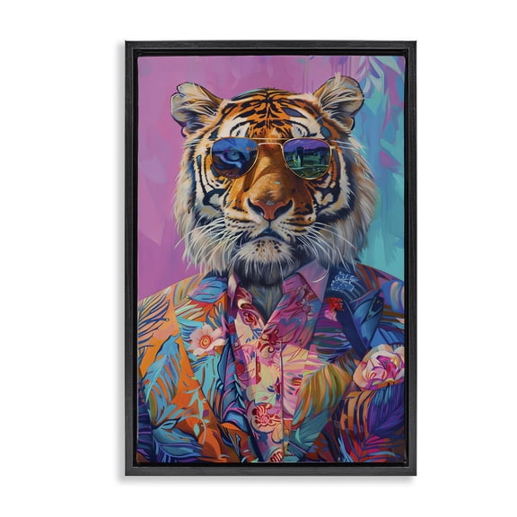 Stupell Industries Bright Tropical Fashion Tiger Animals Painting Black Floater Framed Canvas Art Print Wall Art, 17 x 25
