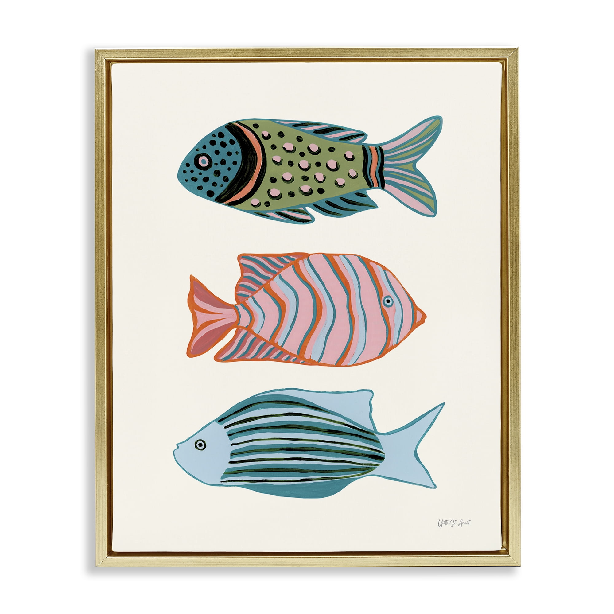 Stupell Industries Bright Tropical Fish Nautical & Beach Painting Gold Floater Framed Canvas Art Print Wall Art, 17 x 21
