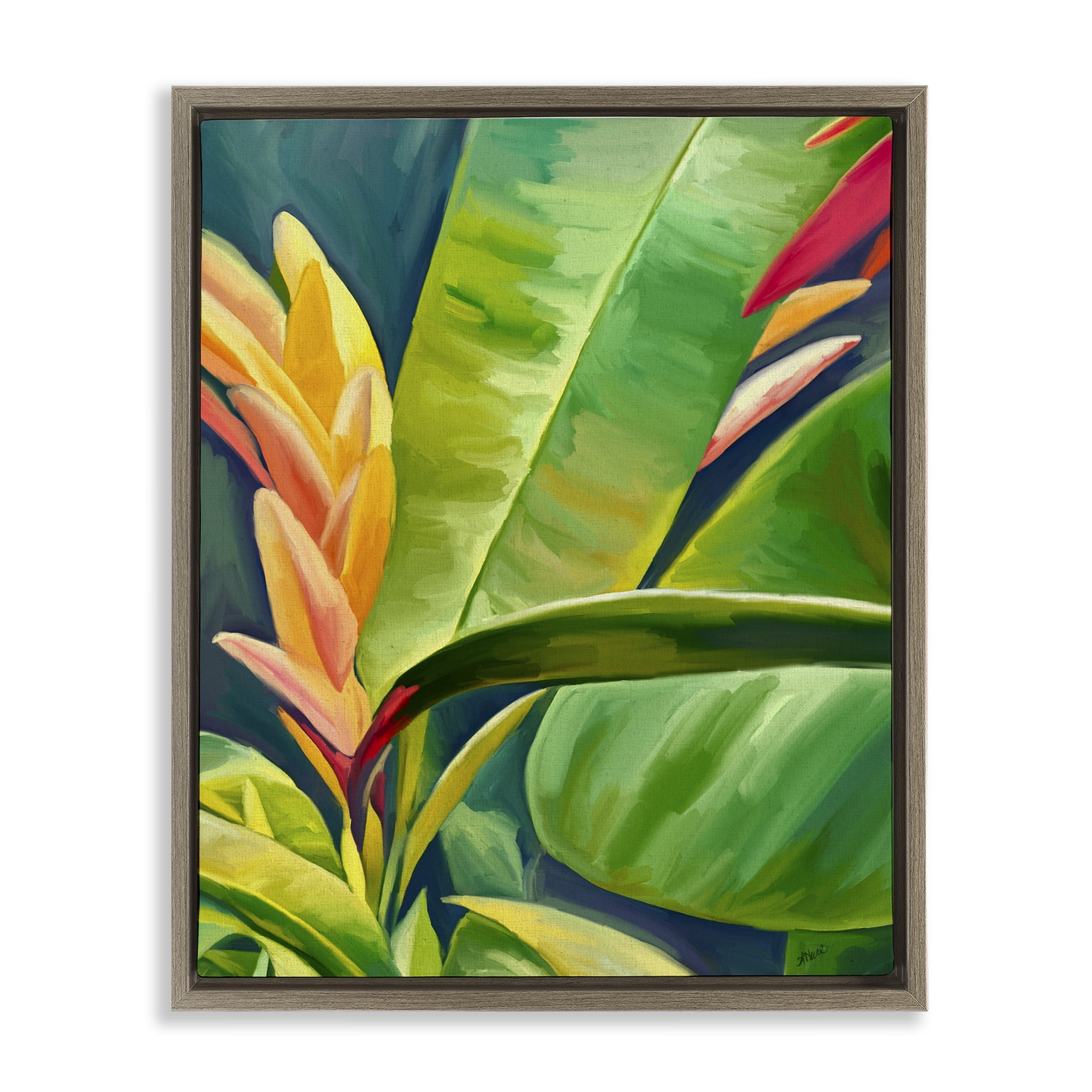 Stupell Industries Bright Tropics Greenery Botanical & Floral Painting Brown Floater Framed Art Print Wall Art, 25 x 31