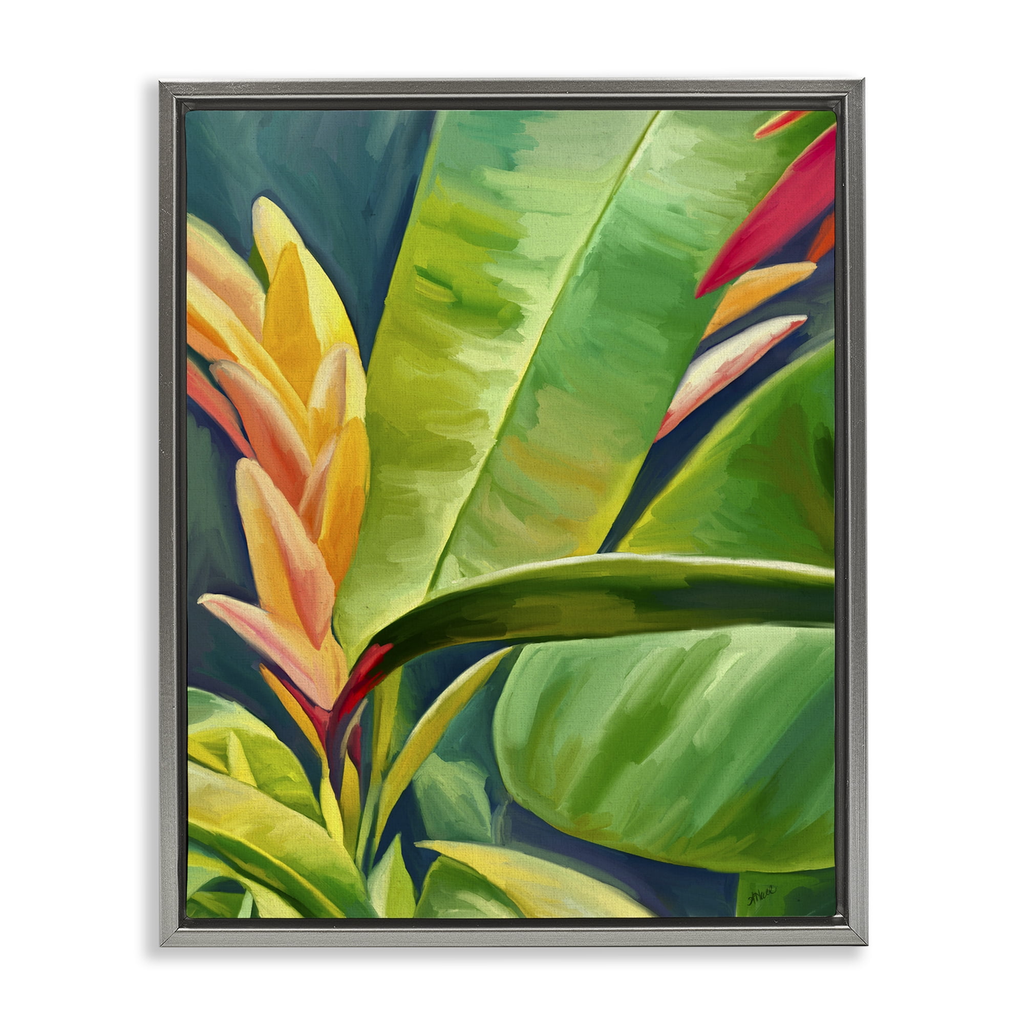 Stupell Industries Bright Tropics Greenery Botanical & Floral Painting Gray Floater Framed Art Print Wall Art, 17 x 21