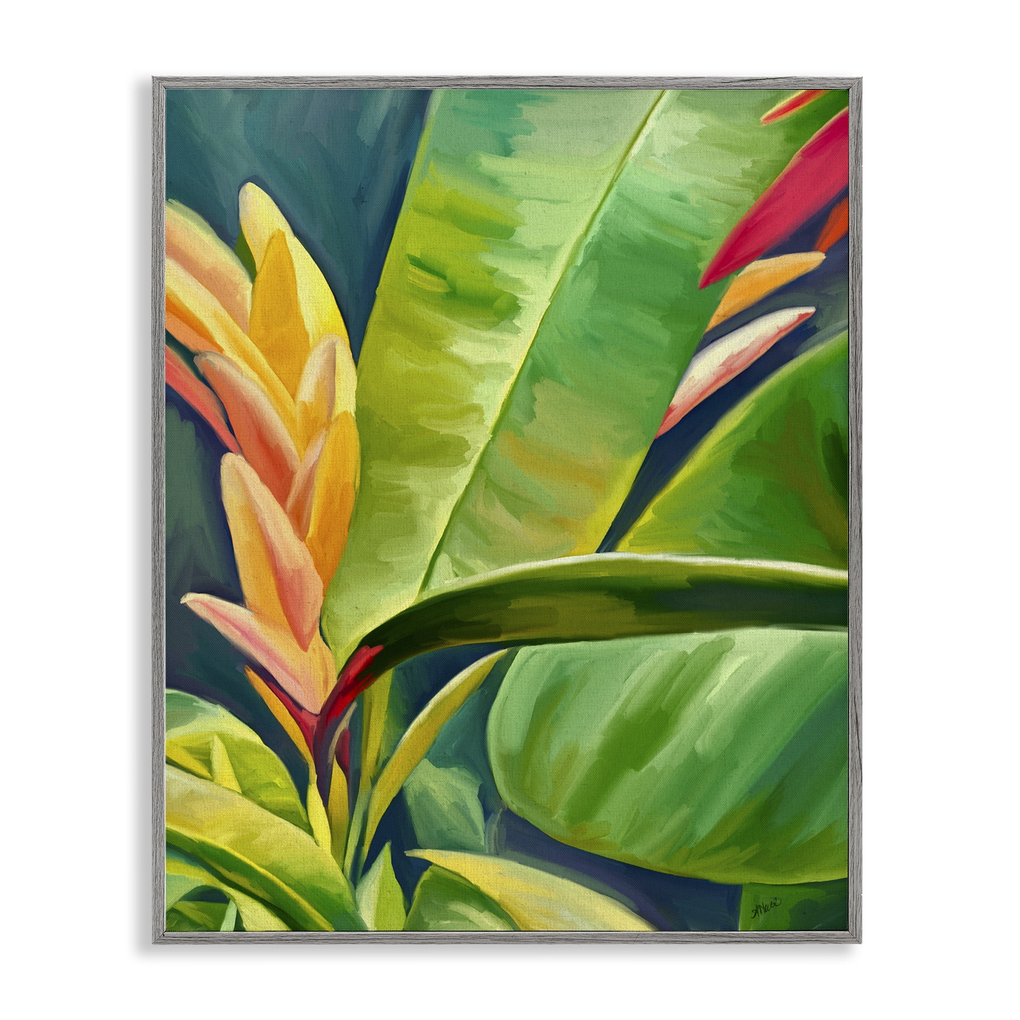 Stupell Industries Bright Tropics Greenery Botanical & Floral Painting Gray Framed Art Print Wall Art, 24 x 30