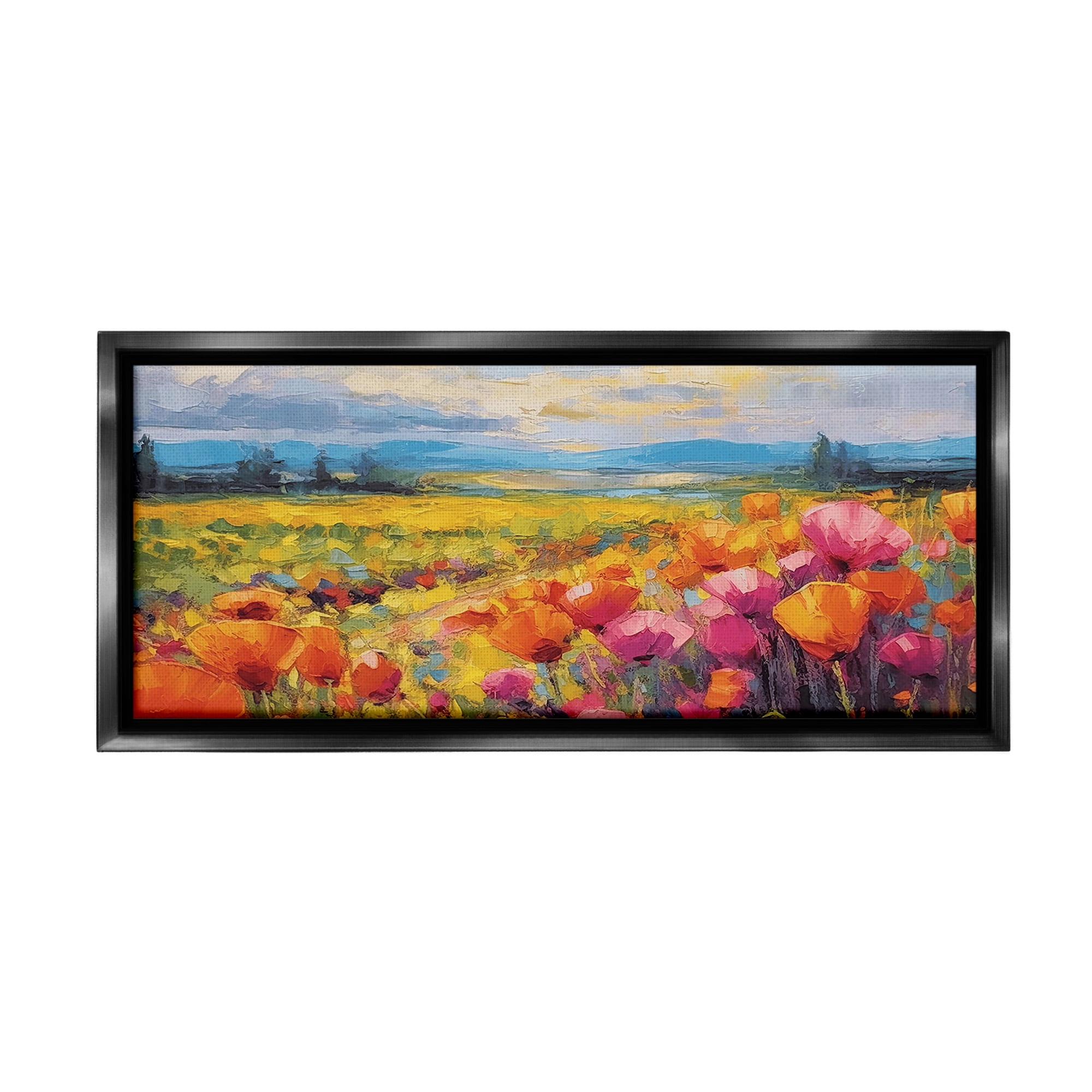 Stupell Industries Bright Tulips Landscape Landscape Painting Black Floater Framed Canvas Art Print Wall Art, 31 x 14