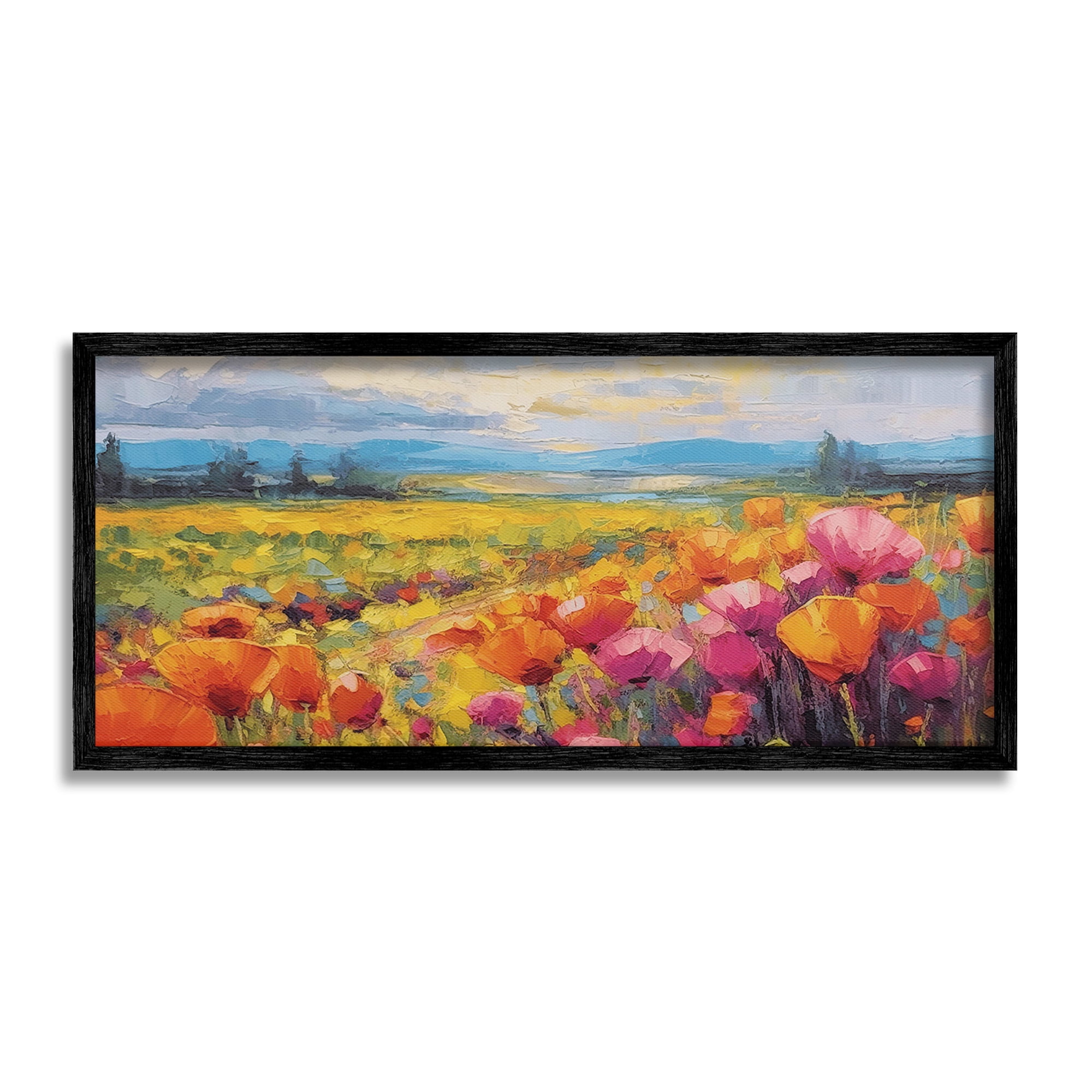 Stupell Industries Bright Tulips Landscape Landscape Painting Black Framed Art Print Wall Art, 30 x 13