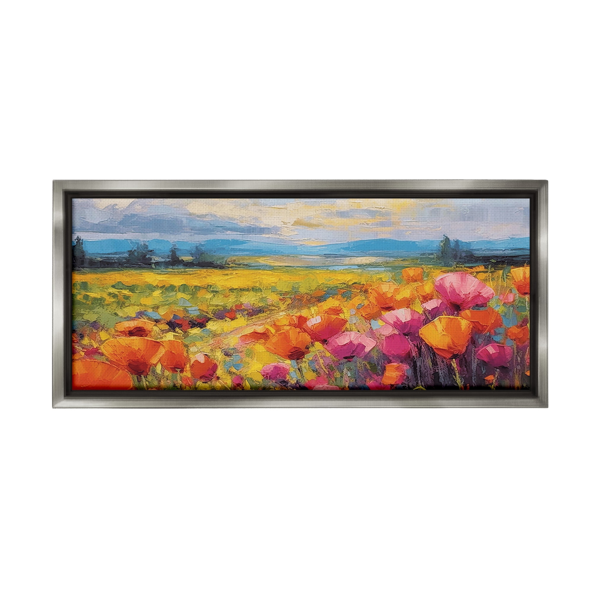 Stupell Industries Bright Tulips Landscape Landscape Painting Gray Floater Framed Canvas Art Print Wall Art, 31 x 14