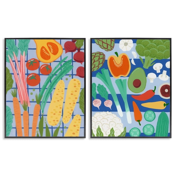 Stupell Industries Bright Veggie Harvests 2 Piece Black Framed Giclee Art Set design by Courtney Haley, 14 x 11