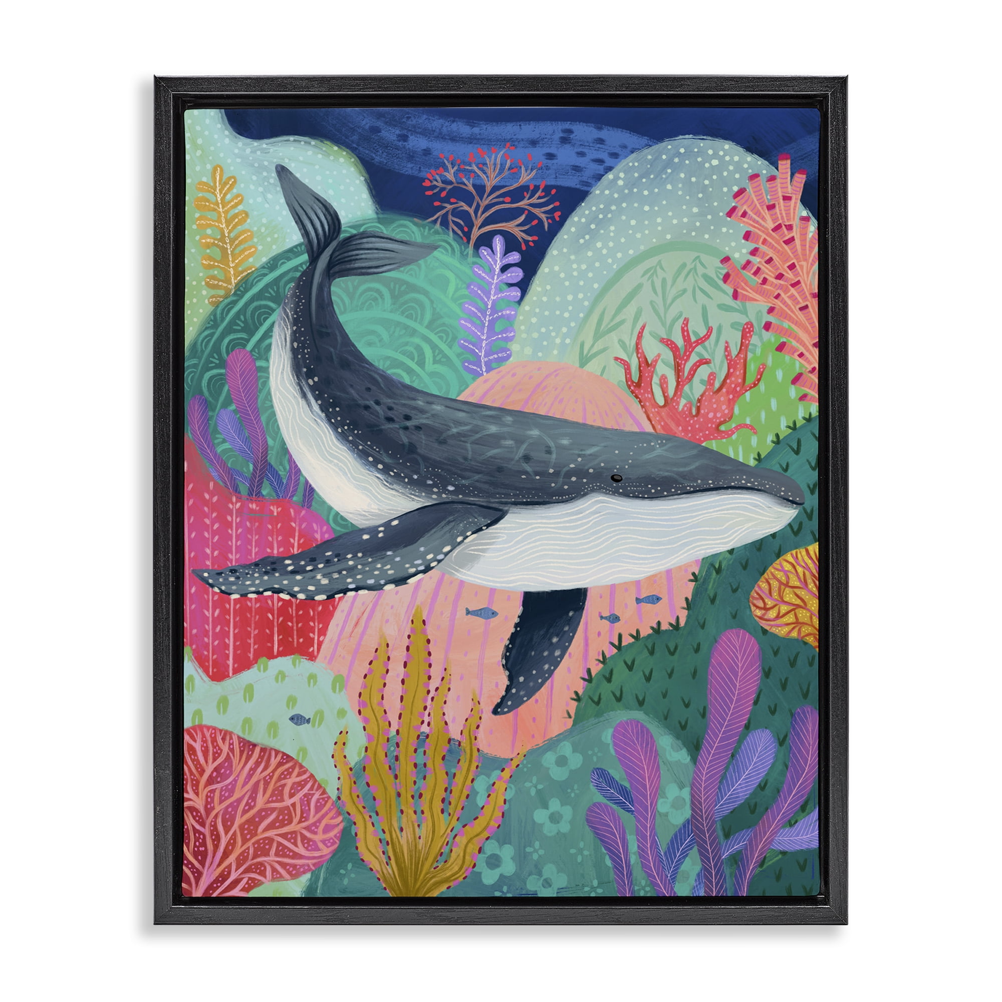 Stupell Industries Bright Whale & Sea Coral Nautical & Beach Painting Black Floater Framed Canvas Art Print Wall Art, 17 x 21
