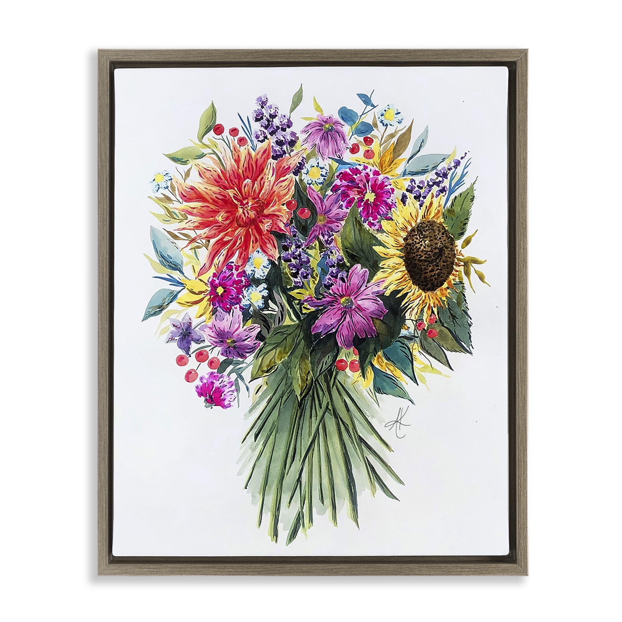 Stupell Industries Bright Wildflower Bouquet Botanical & Floral Painting Brown Floater Framed Art Print Wall Art, 17 x 21