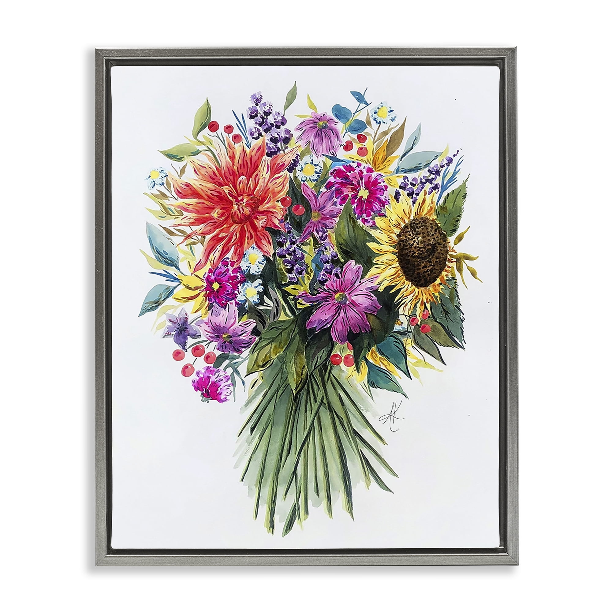Stupell Industries Bright Wildflower Bouquet Botanical & Floral Painting Gray Floater Framed Art Print Wall Art, 17 x 21