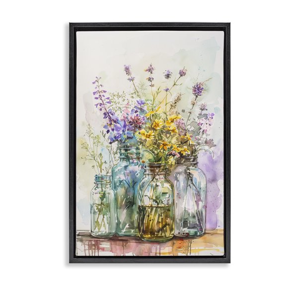 Stupell Industries Bright Wildflower Jars Plants & Flowers Painting Black Floater Framed Canvas Art Print Wall Art, 17 x 25
