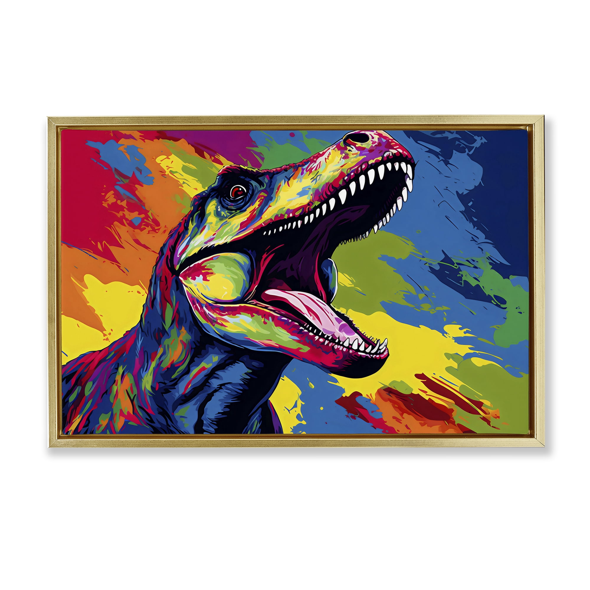 Stupell Industries Brightly Colored Dinosaur Gold Framed Floater Canvas Wall Art, design by Creative Studio