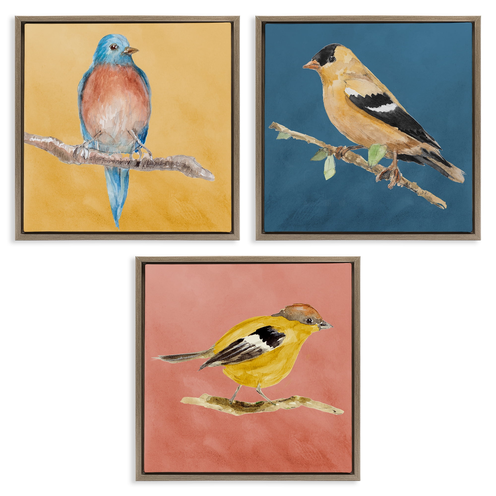 Stupell Industries Brilliant Birds on Branches Animals Painting Brown Floater Framed Canvas Art Print Wall Art, 25 x 25, Set of 3