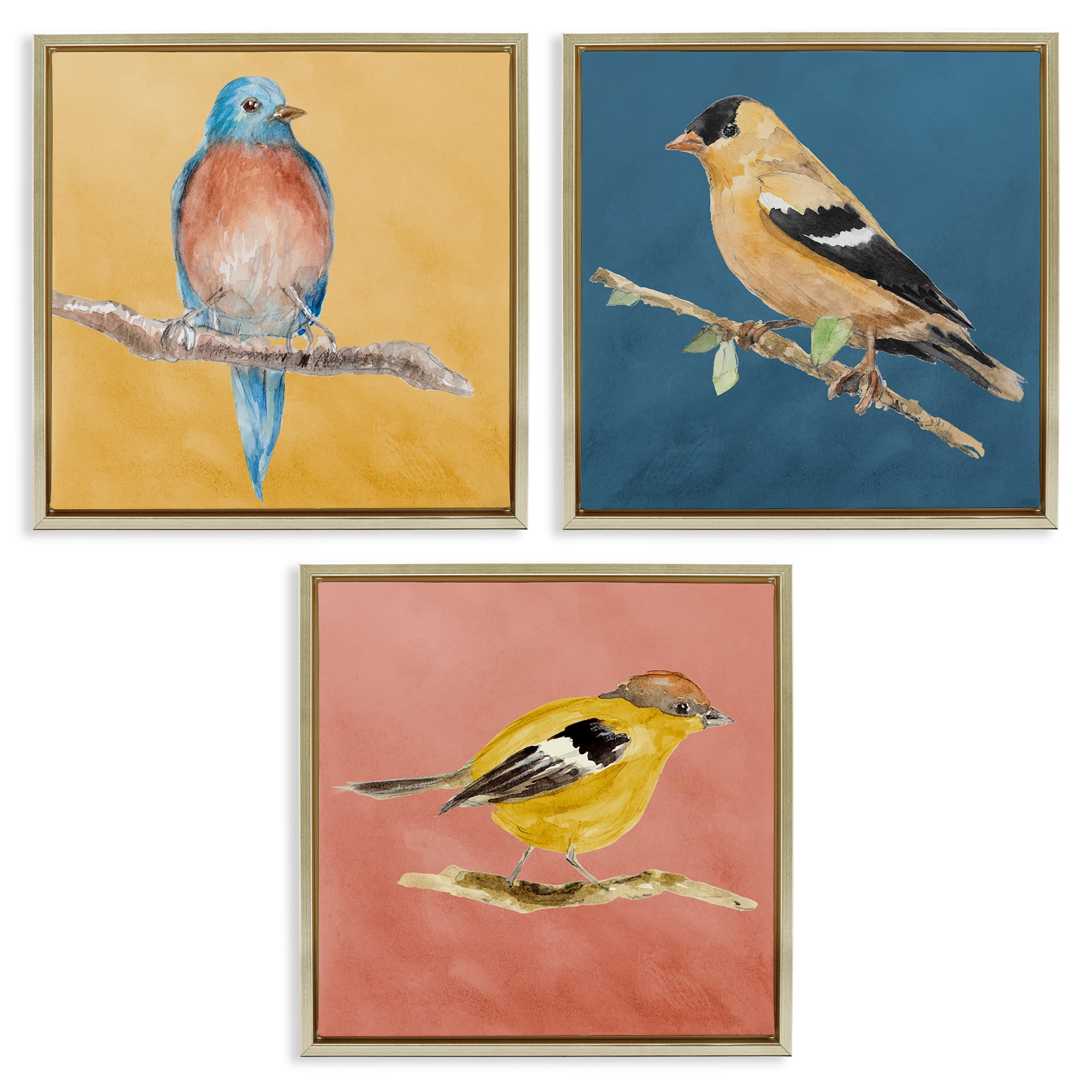 Stupell Industries Brilliant Birds on Branches Animals Painting Gold Floater Framed Canvas Art Print Wall Art, 25 x 25, Set of 3
