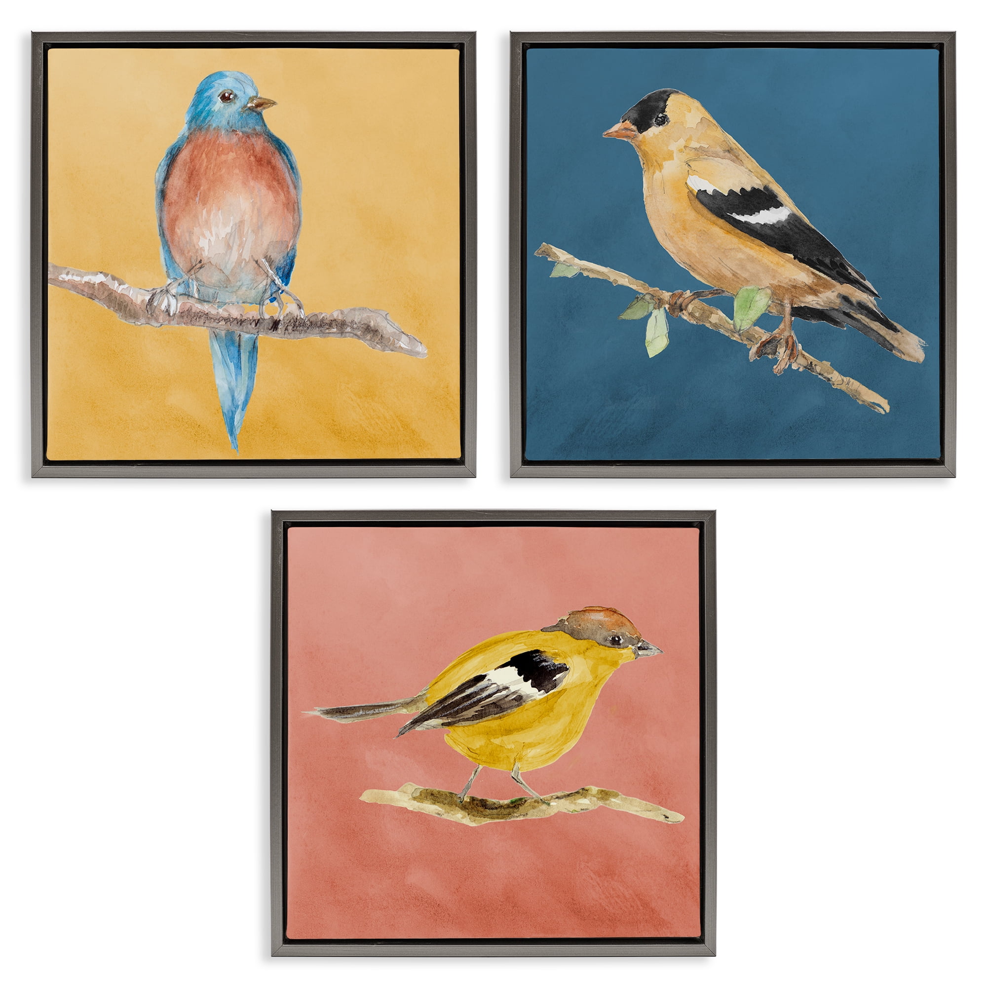 Stupell Industries Brilliant Birds on Branches Animals Painting Gray Floater Framed Canvas Art Print Wall Art, 25 x 25, Set of 3