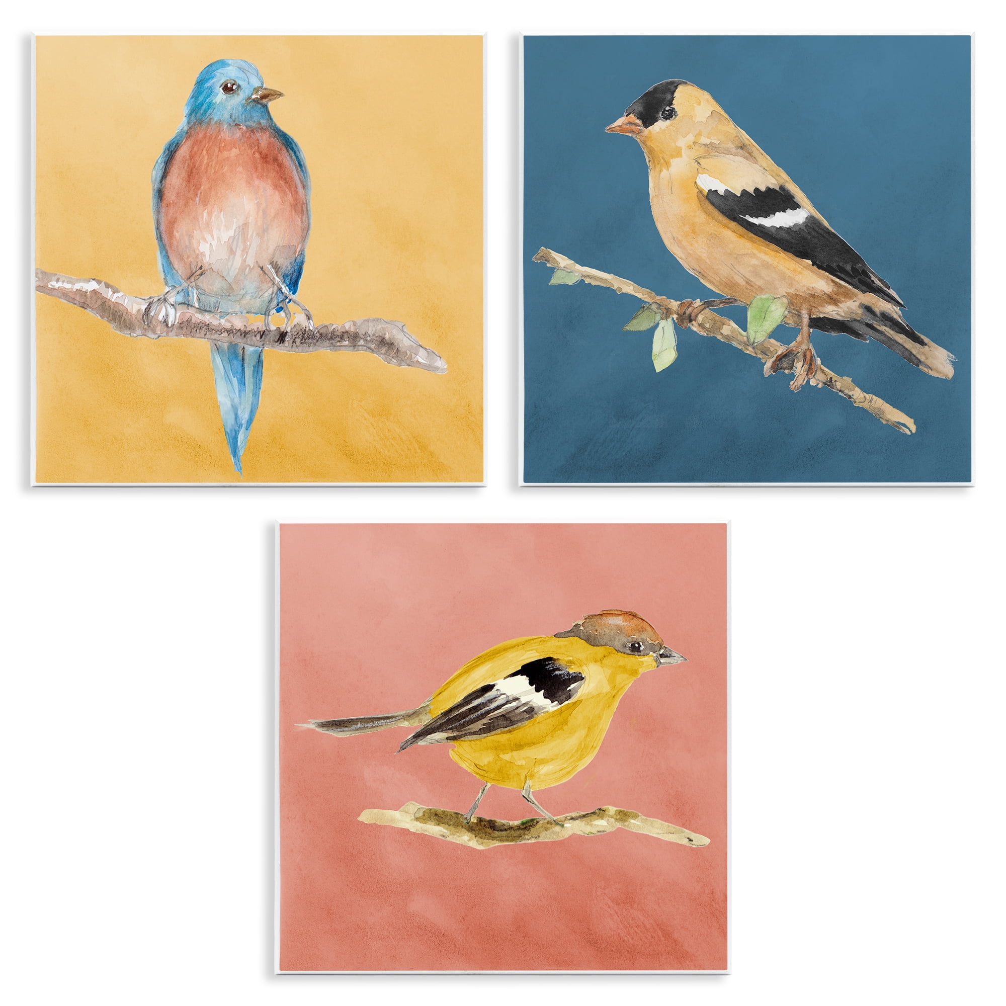 Stupell Industries Brilliant Birds on Branches Animals Painting Unframed Art Print Wall Art, 12 x 12, Set of 3