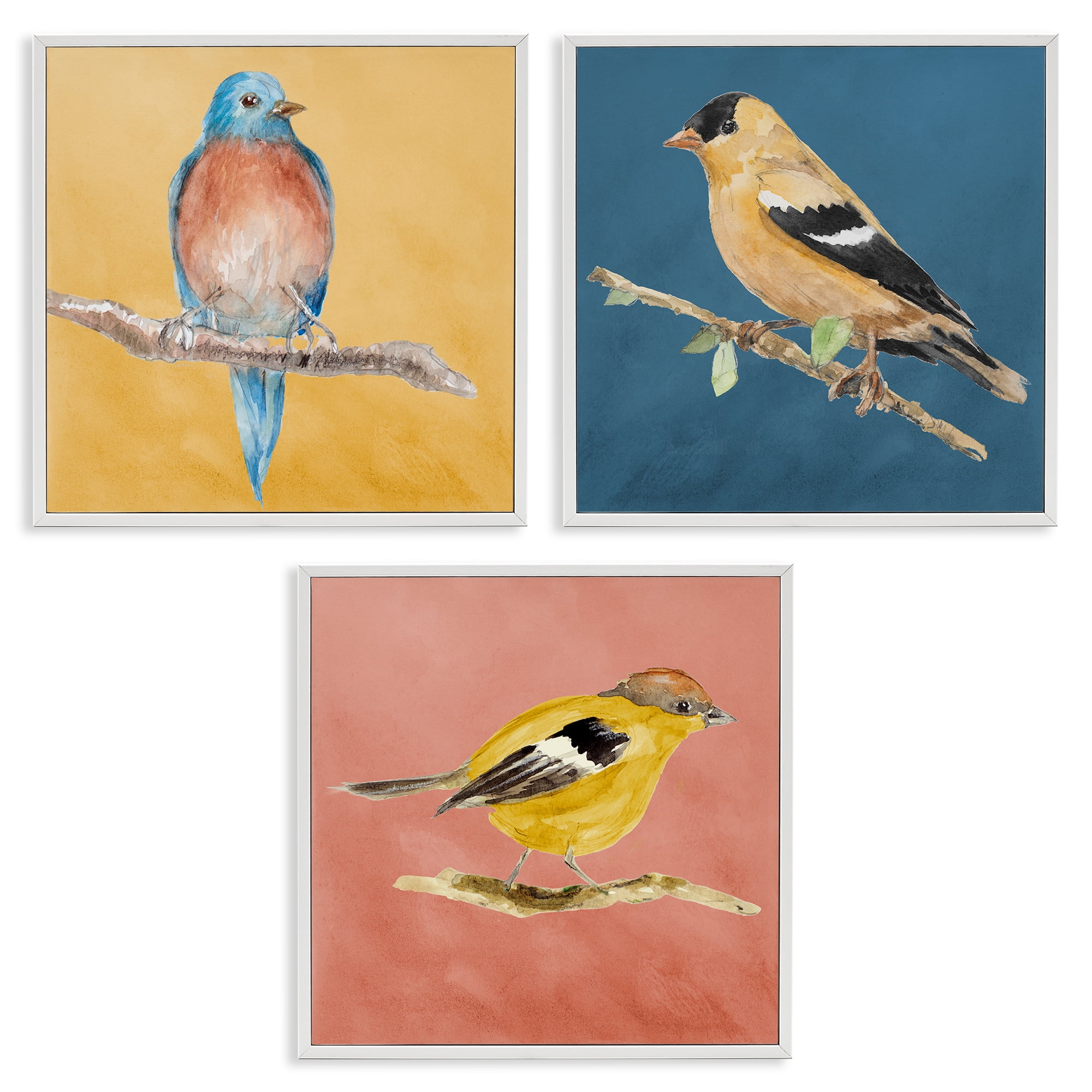 Stupell Industries Brilliant Birds on Branches Animals Painting White Framed Art Print Wall Art, 12 x 12, Set of 3