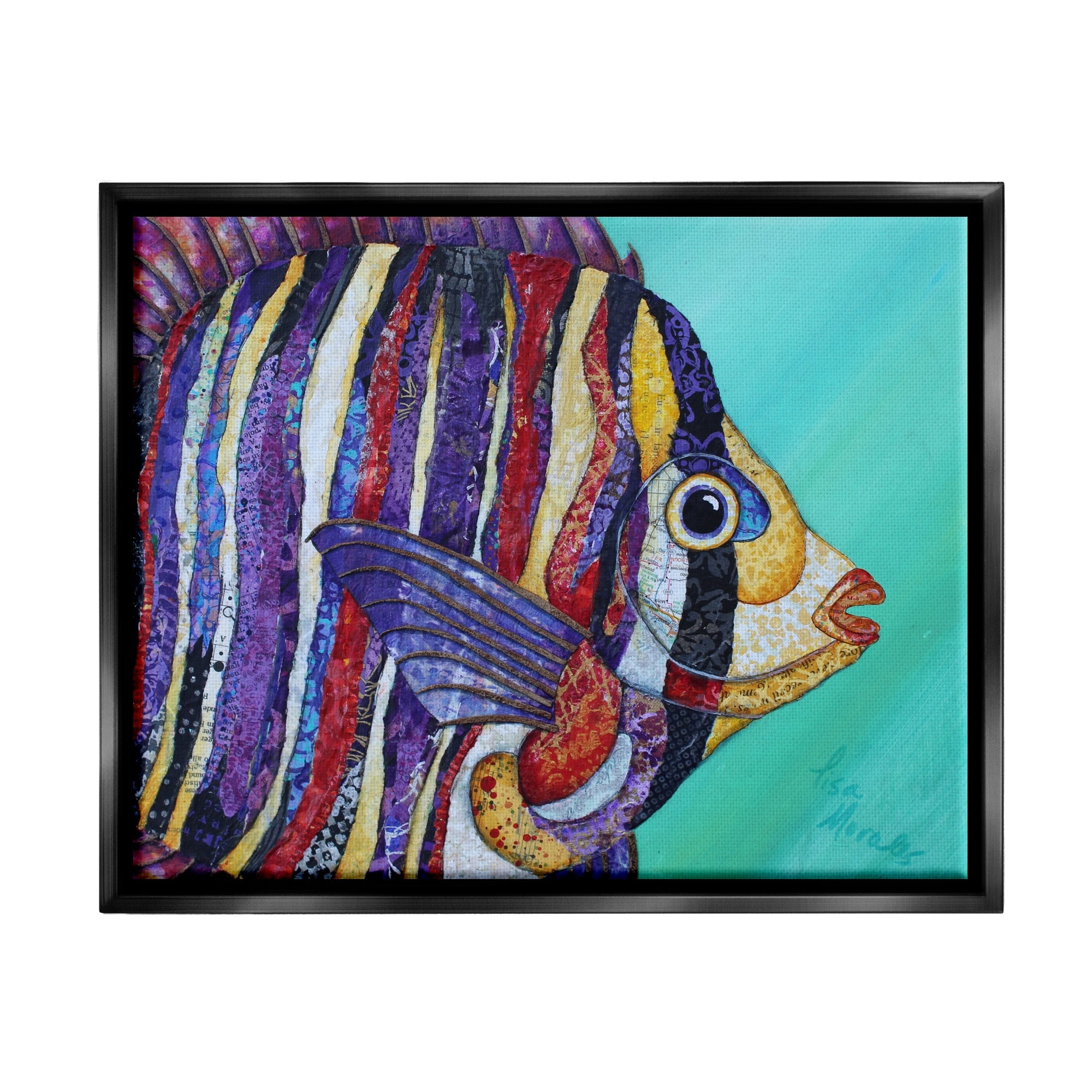 Stupell Industries Broad Fin Varied Layered Stripes Aquatic Fish Design Painting Jet Black Floating Framed Canvas Print Wall Art, Design by Lisa Morales