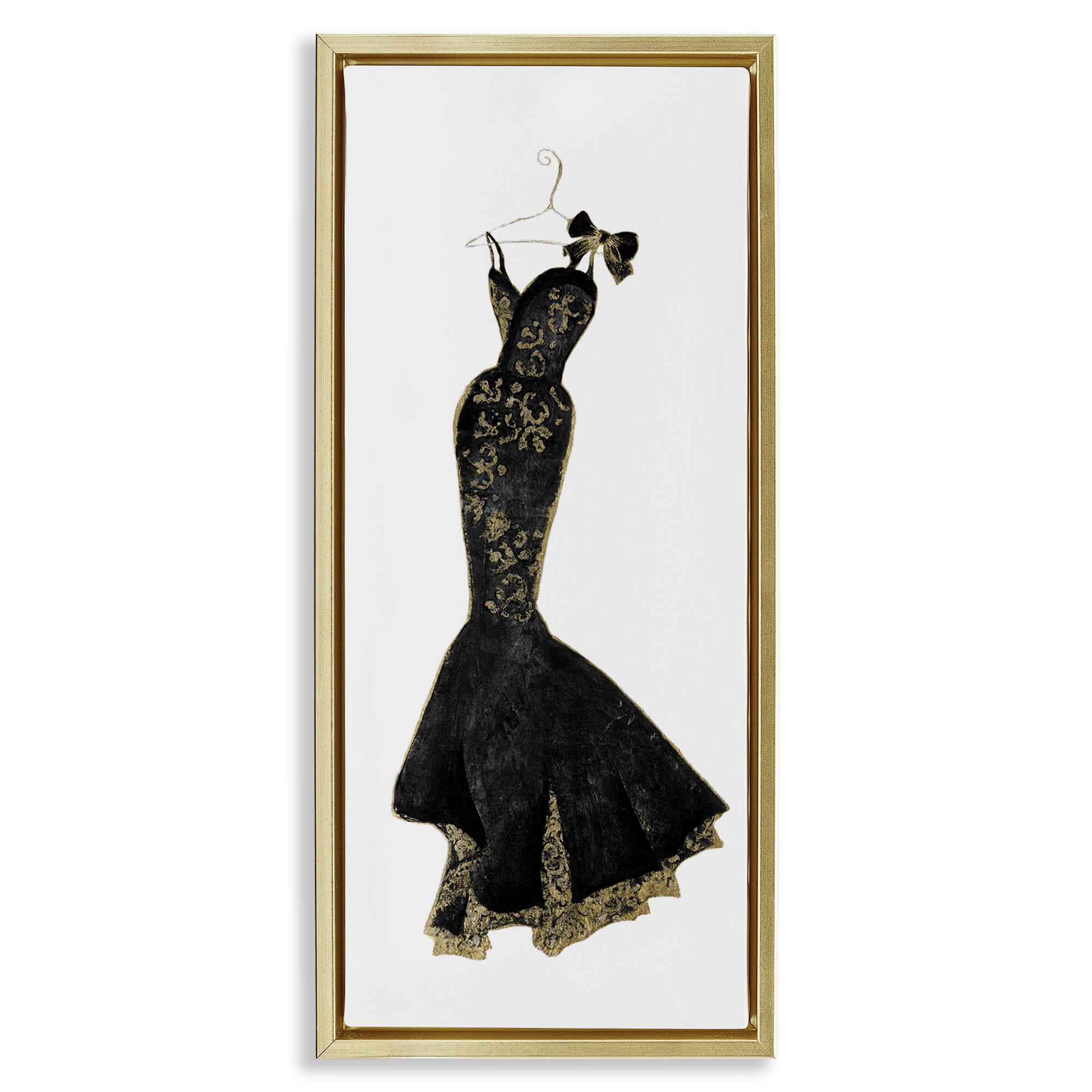 Stupell Industries Brocade Black Evening Gown Gold Framed Floater Canvas Wall Art, design by Janet Tava