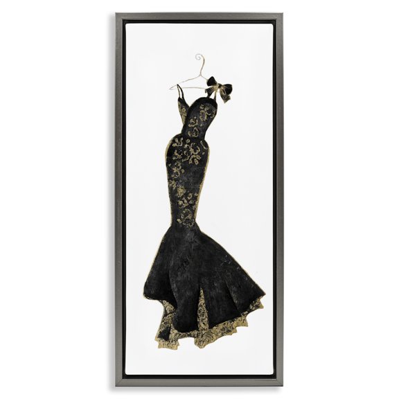 Stupell Industries Art Deco Brocade Black Evening Gown Gray Floating Frame Canvas Art, 14 x 31, by Janet Tava