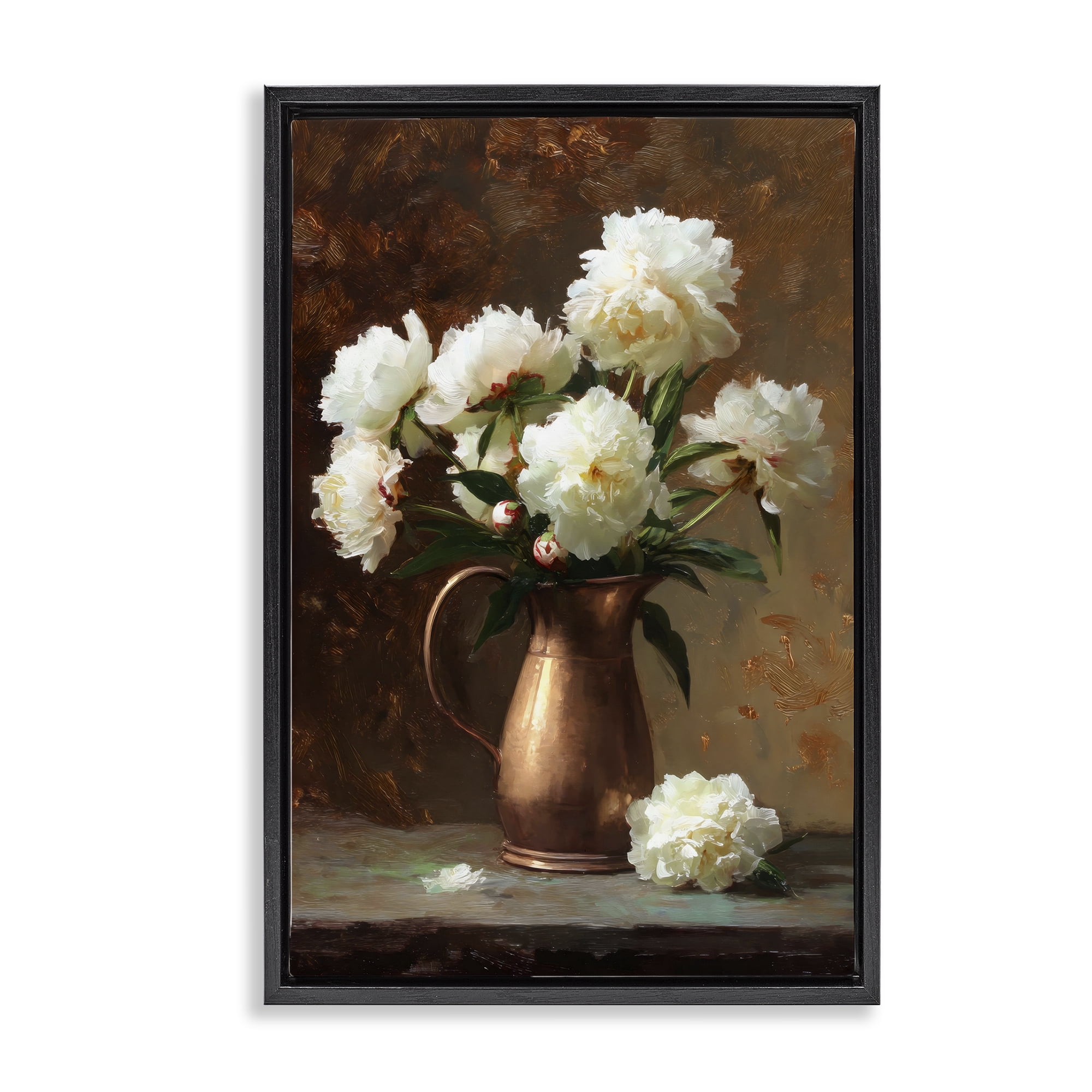 Stupell Industries Bronze Vase Peonies Black Framed Floater Canvas Wall Art, design by Petal Prints Design