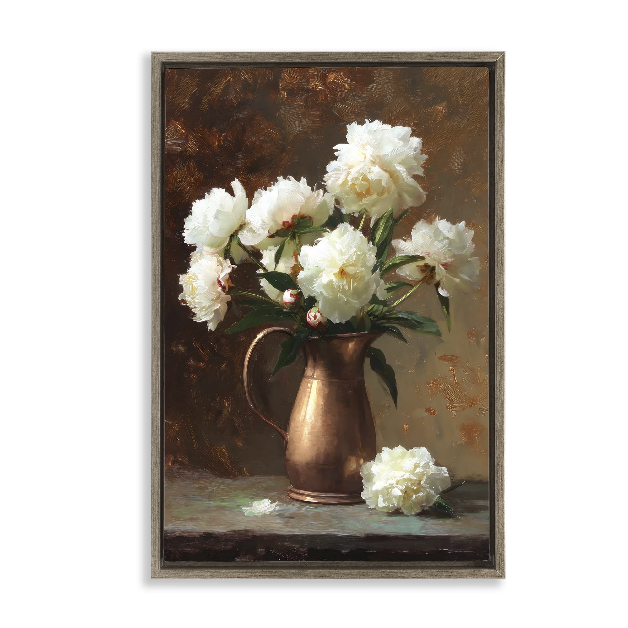 Stupell Industries Bronze Vase Peonies Brown Framed Floater Canvas Wall Art, design by Petal Prints Design