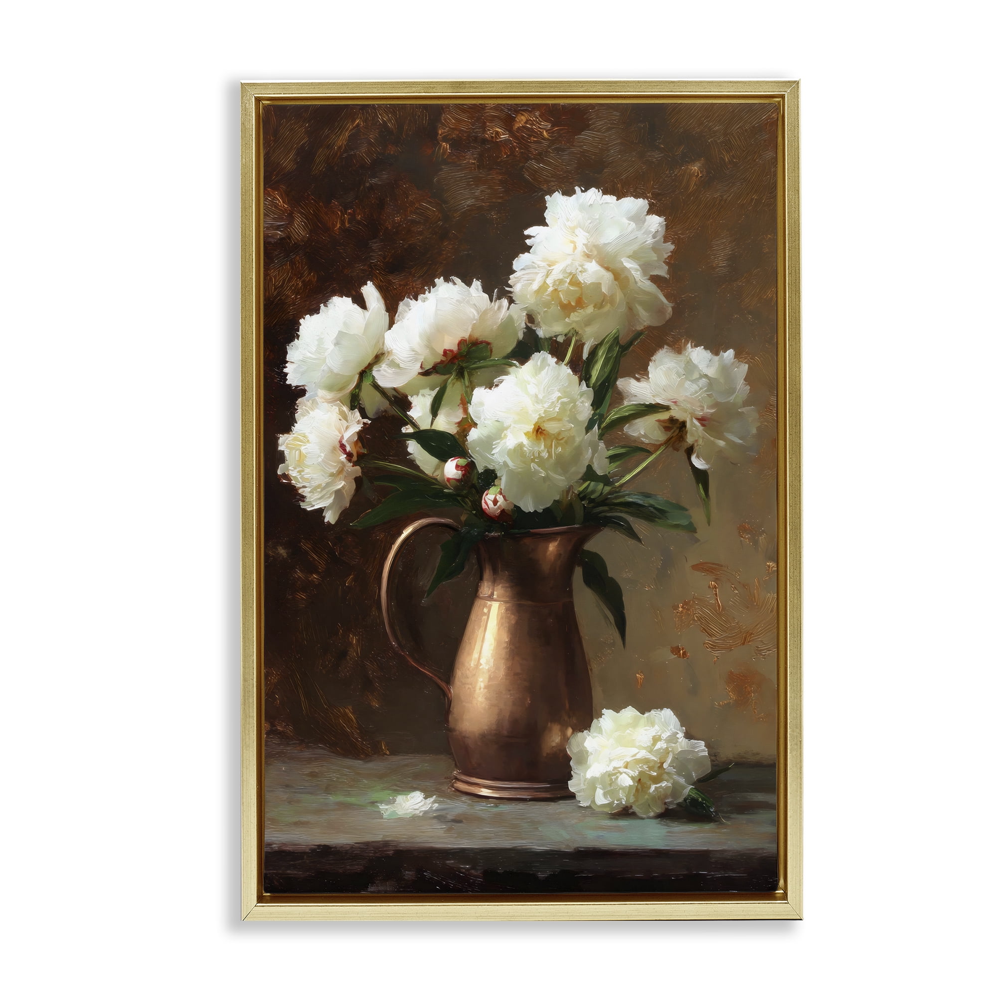 Stupell Industries Bronze Vase Peonies Gold Framed Floater Canvas Wall Art, design by Petal Prints Design