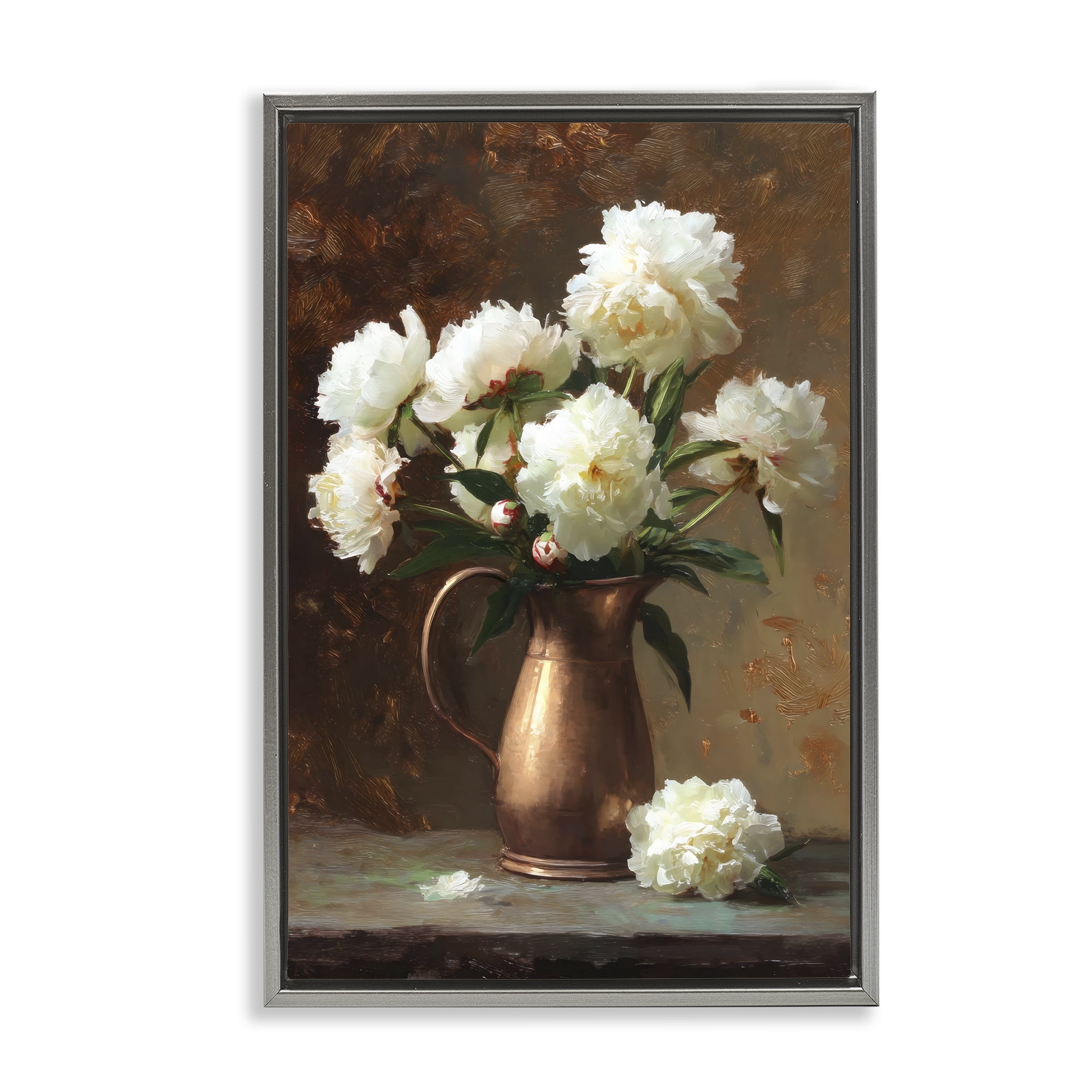 Stupell Industries Bronze Vase Peonies Gray Framed Floater Canvas Wall Art, design by Petal Prints Design