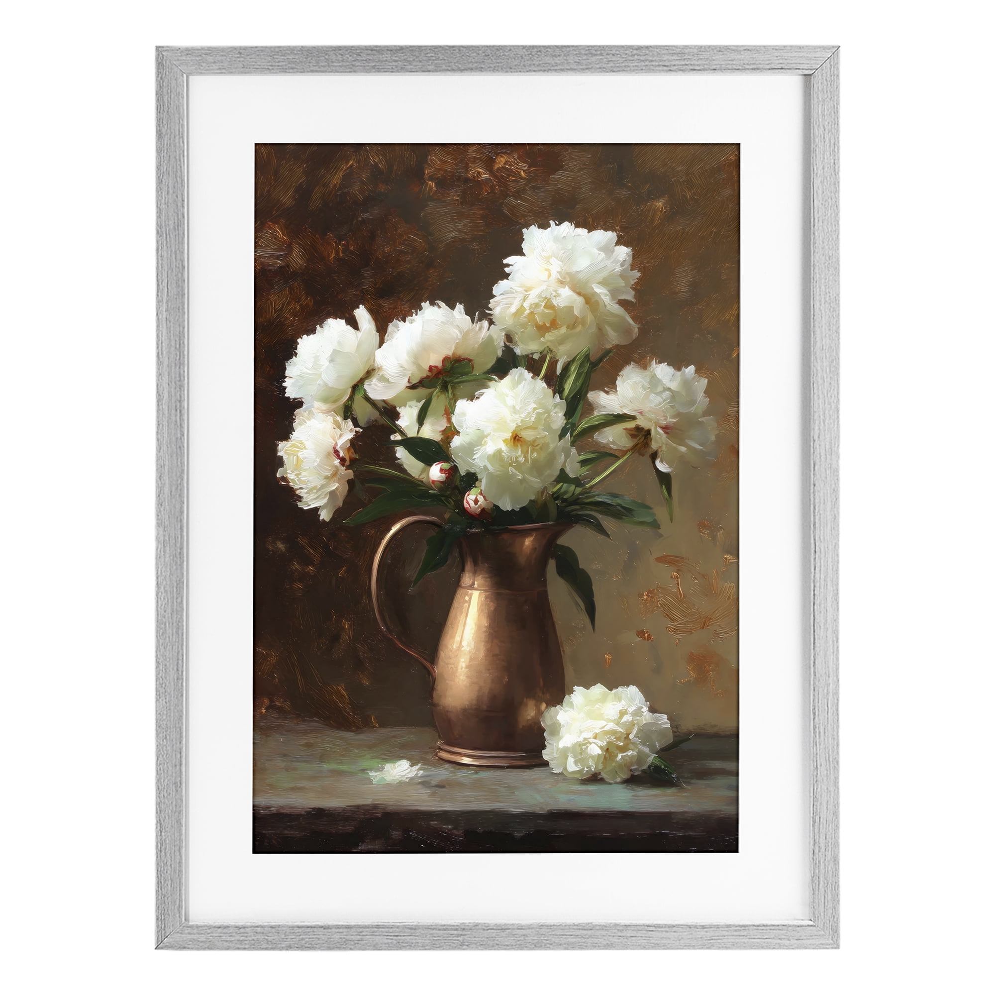Stupell Industries Bronze Vase Peonies Gray Framed Print Under Glass, design by Petal Prints Design