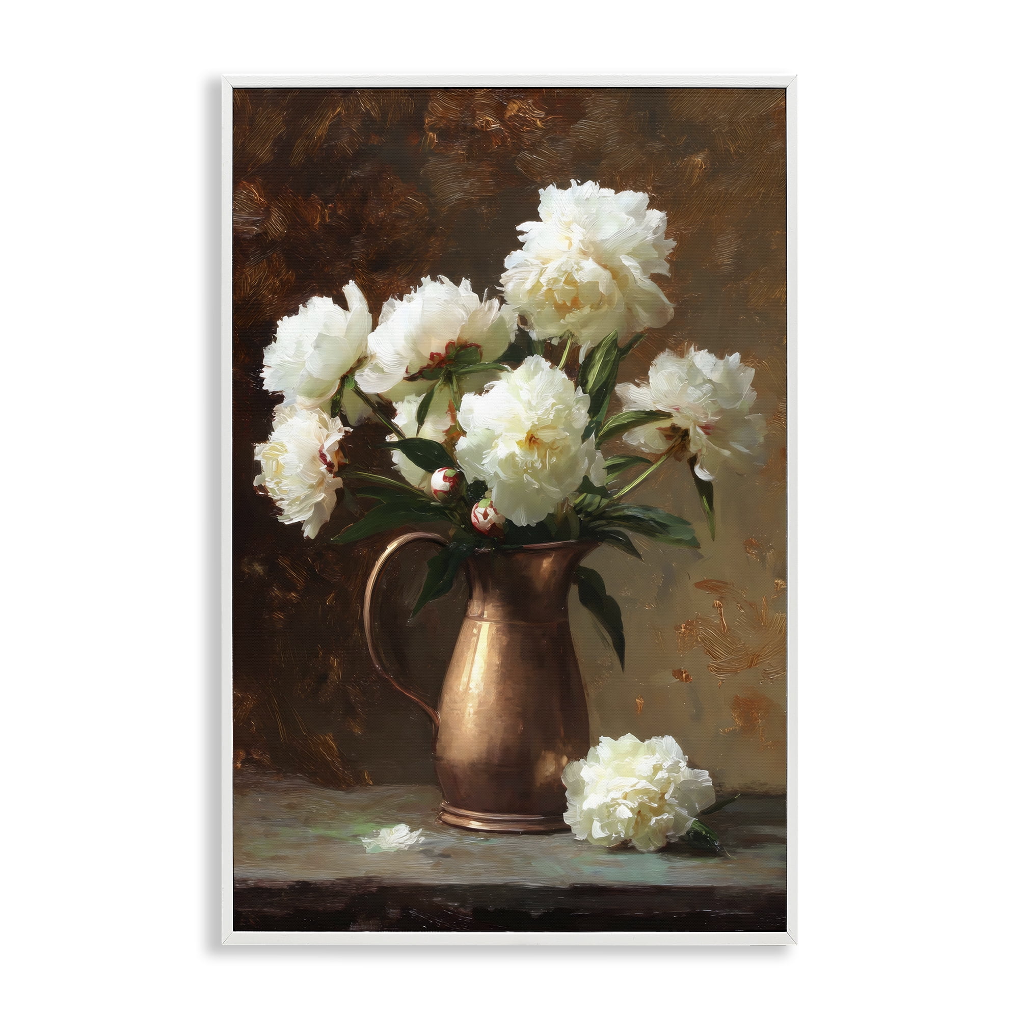 Stupell Industries Bronze Vase Peonies White Framed Giclee Art, design by Petal Prints Design