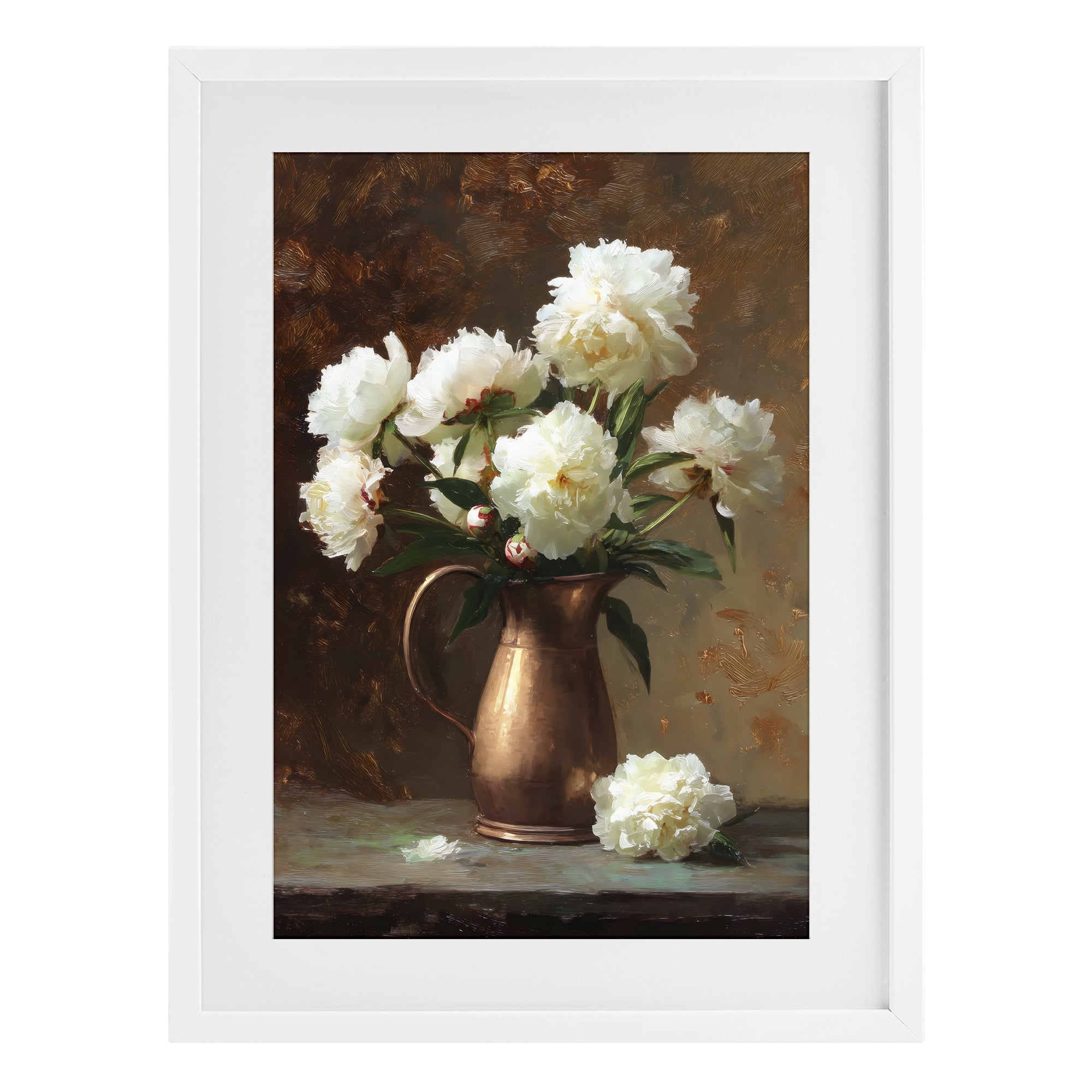 Stupell Industries Bronze Vase Peonies White Framed Print Under Glass, design by Petal Prints Design