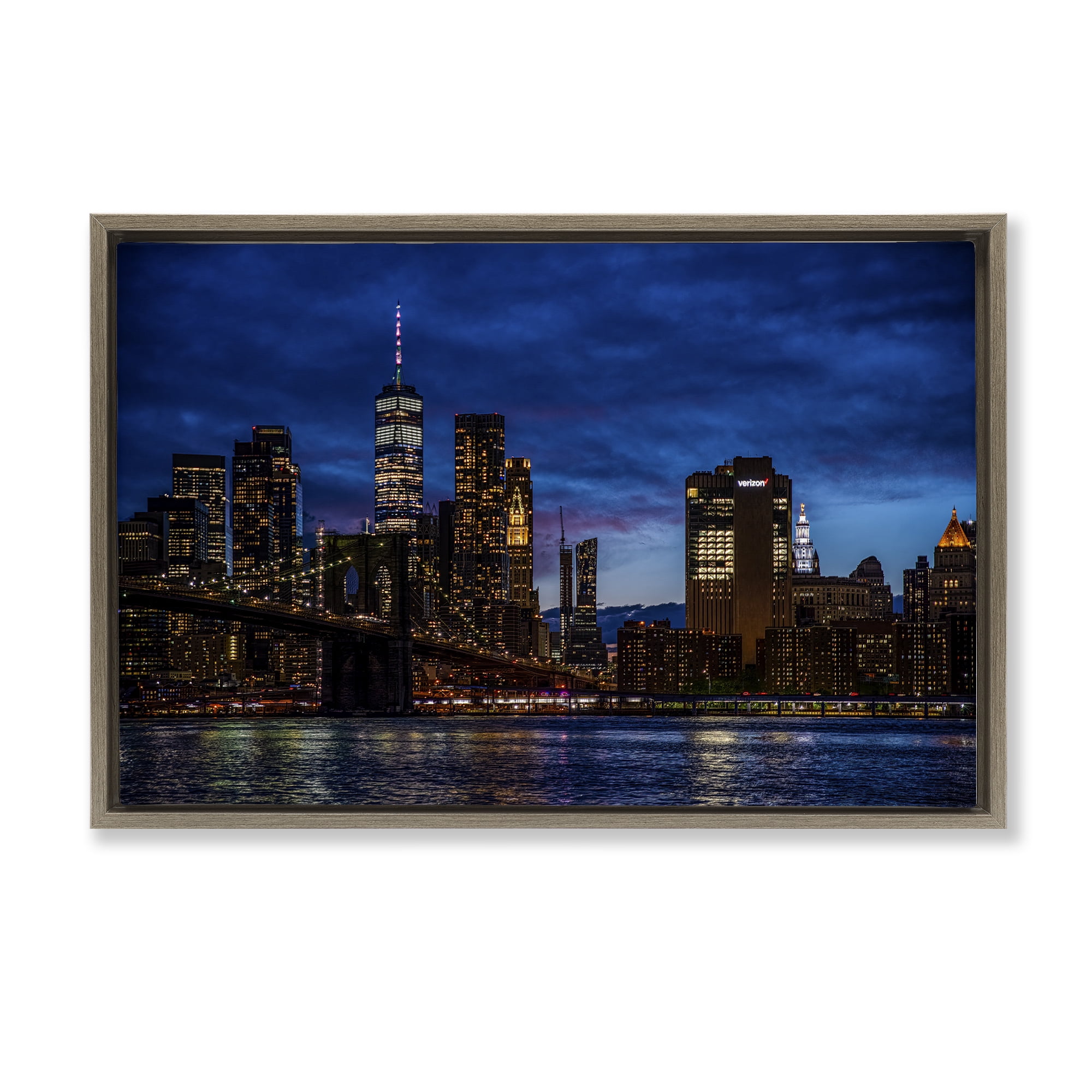 Stupell Industries Brooklyn Bridge at Night Brown Framed Floater Canvas Wall Art, design by Tim West