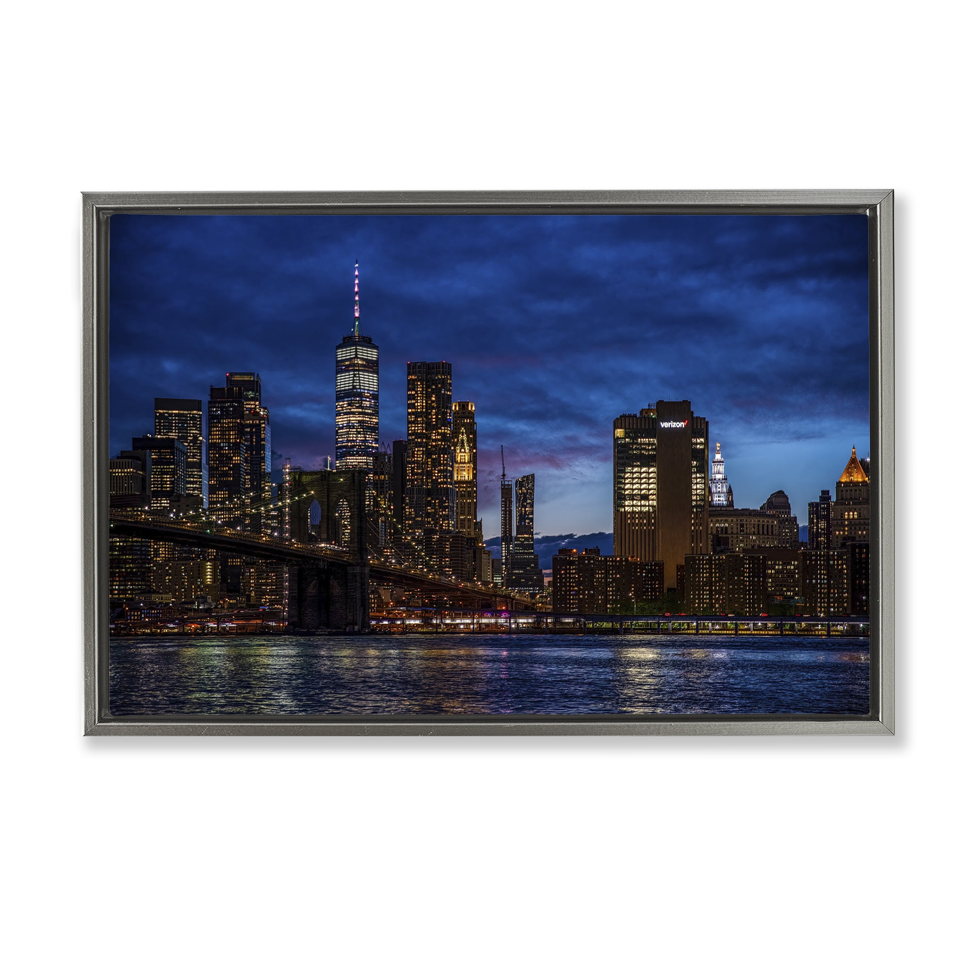 Stupell Industries Brooklyn Bridge at Night Gray Framed Floater Canvas Wall Art, design by Tim West