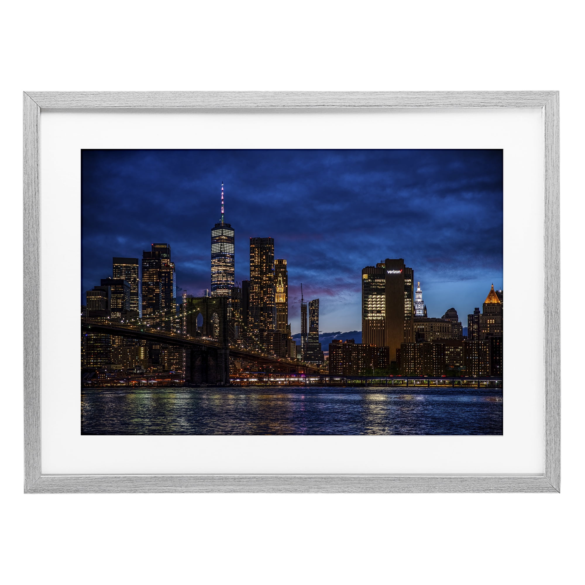 Stupell Industries Brooklyn Bridge at Night Gray Framed Print Under Glass, design by Tim West