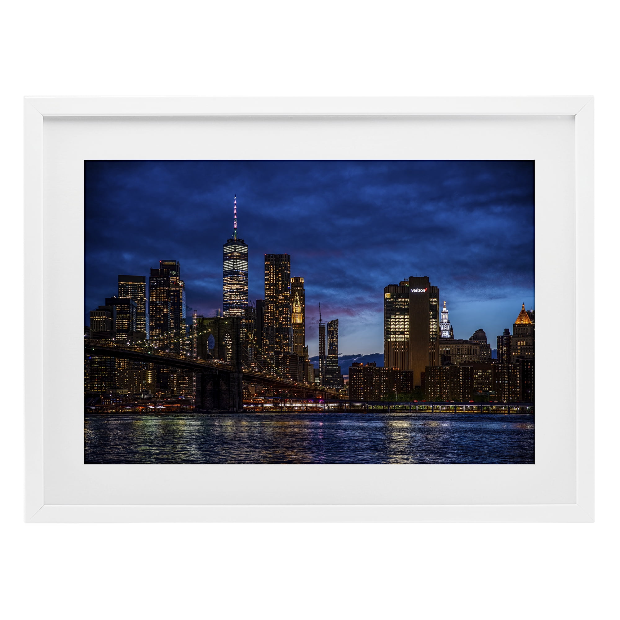 Stupell Industries Brooklyn Bridge at Night White Framed Print Under Glass, design by Tim West