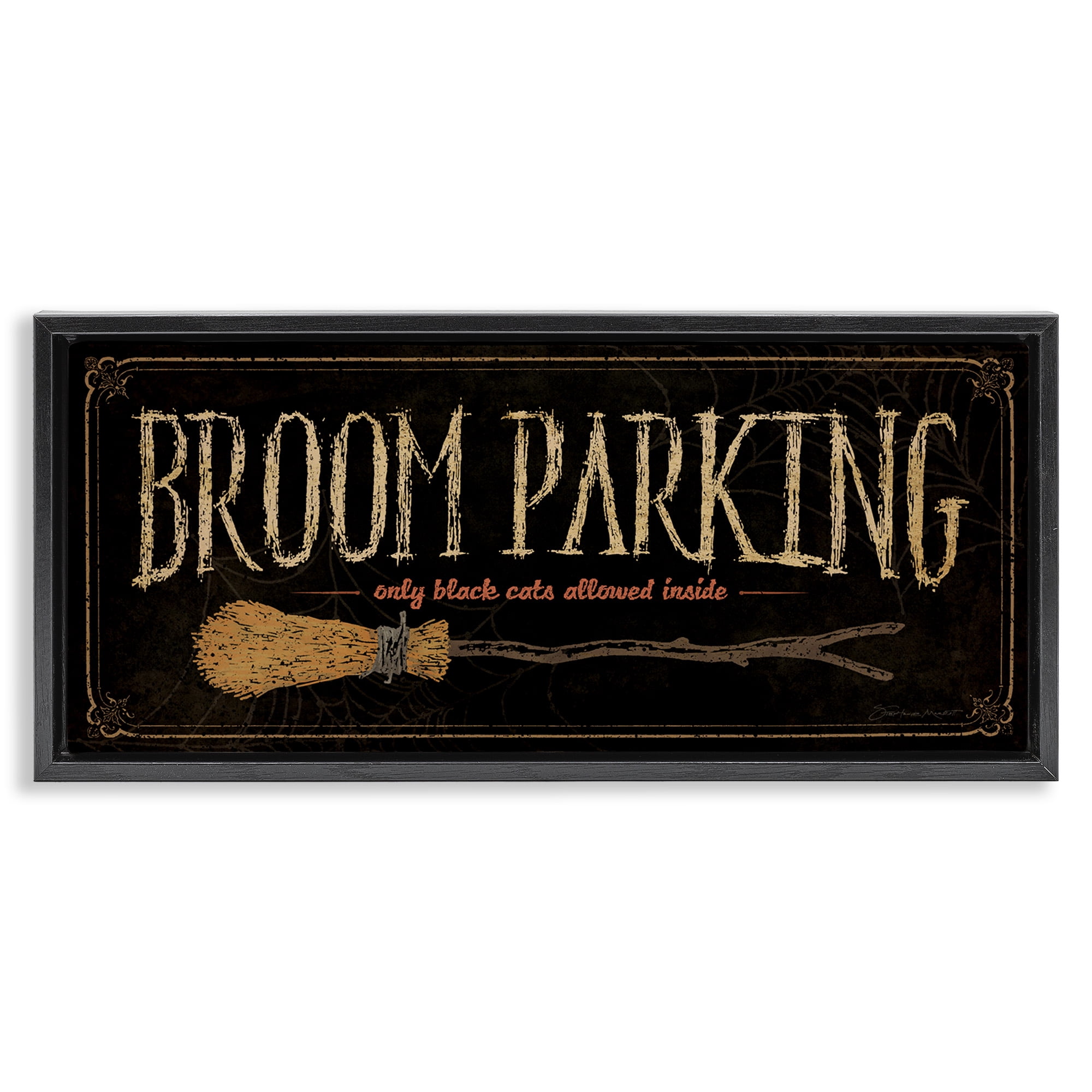 Stupell Industries Broom Parking Black Cats Allowed Holiday Painting Black Floater Framed Canvas Art Print Wall Art, 31 x 14