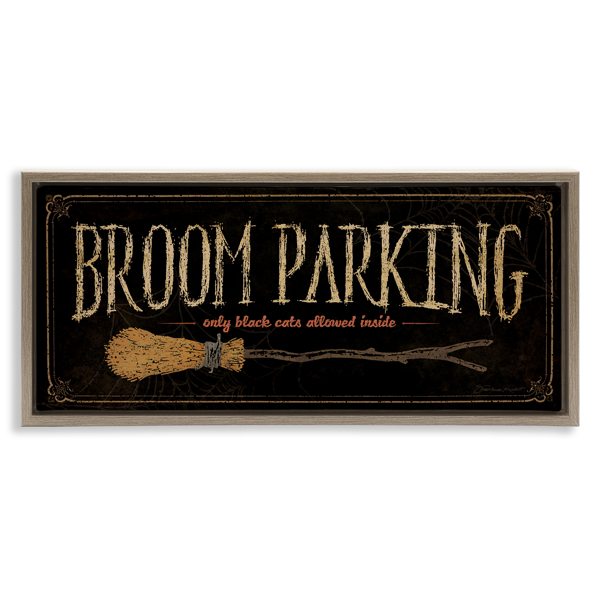 Stupell Industries Broom Parking Black Cats Allowed Holiday Painting Brown Floater Framed Canvas Art Print Wall Art, 31 x 14