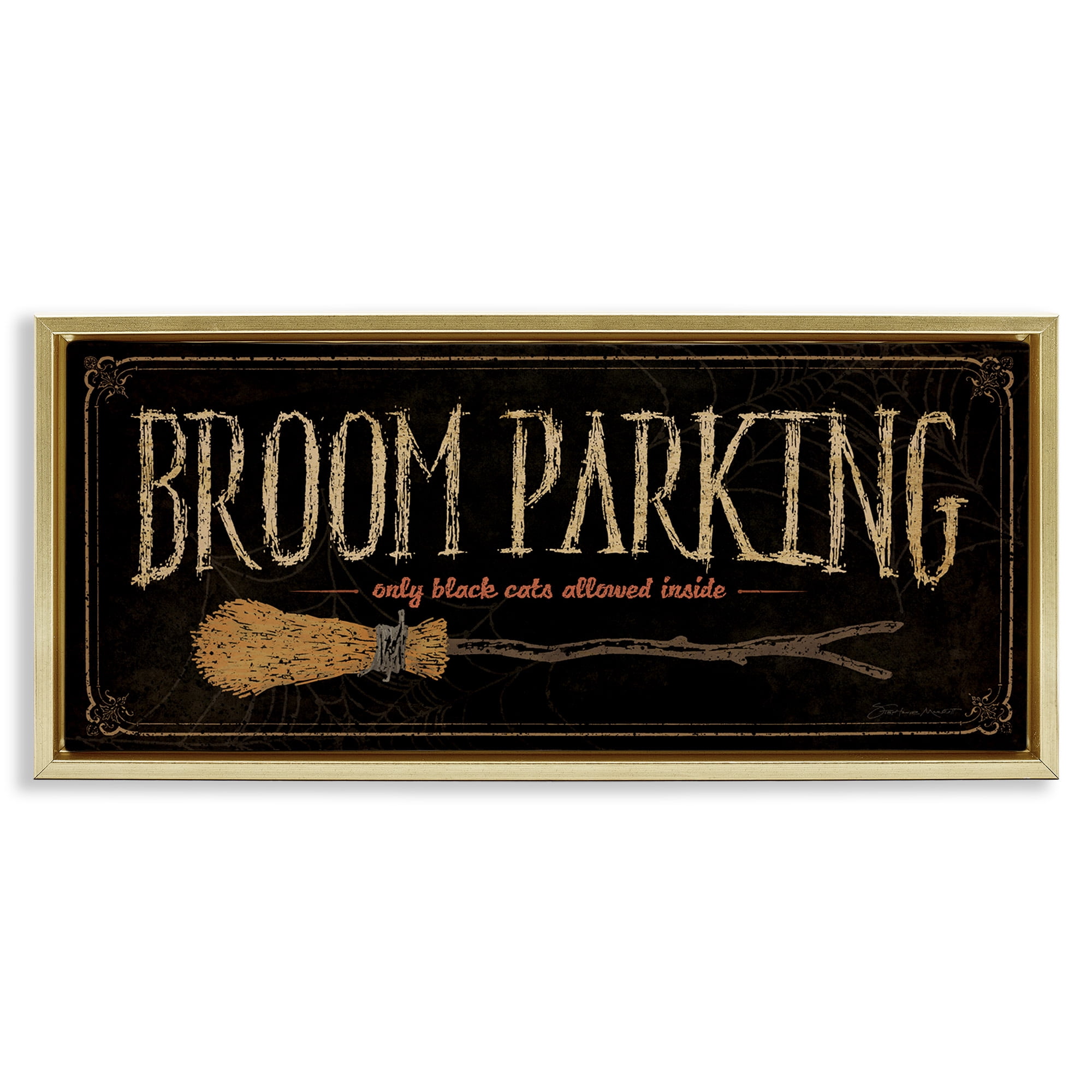 Stupell Industries Broom Parking Black Cats Allowed Holiday Painting Gold Floater Framed Canvas Art Print Wall Art, 31 x 14